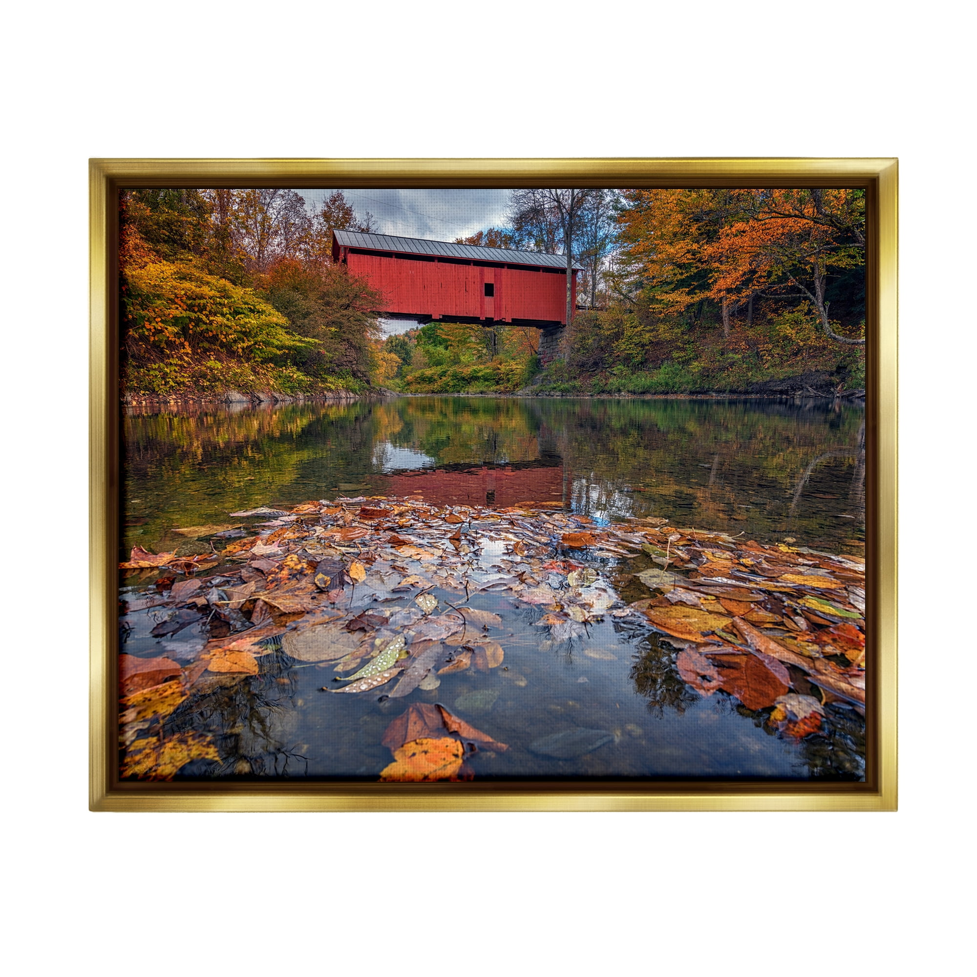 Stupell Autumnal Foliage River Bridge Landscape Photography Gold Floater Framed Art Print Wall Art