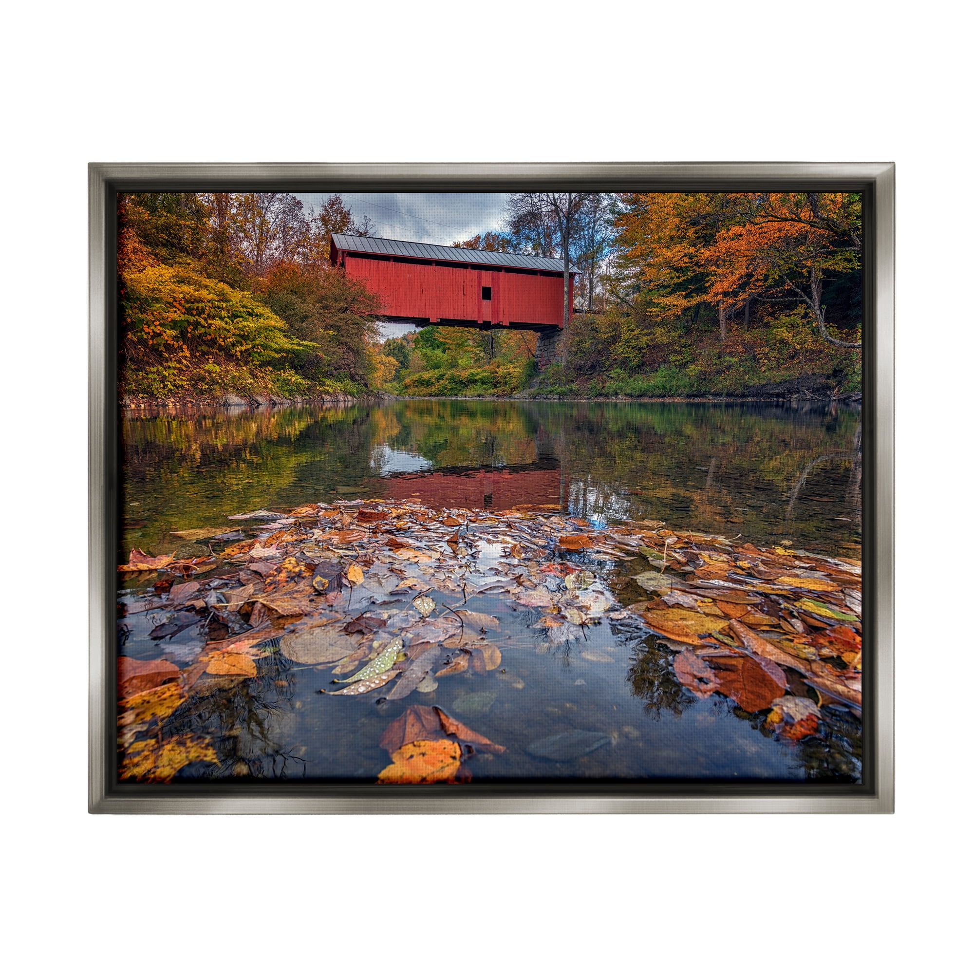 Stupell Autumnal Foliage River Bridge Landscape Photography Gray Floater Framed Art Print Wall Art