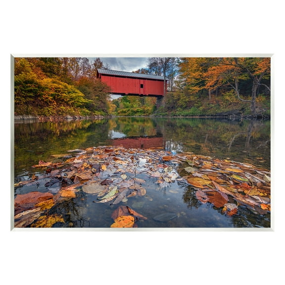 Stupell Autumnal Foliage River Bridge Landscape Photography Wall Plaque Unframed Art Print Wall Art