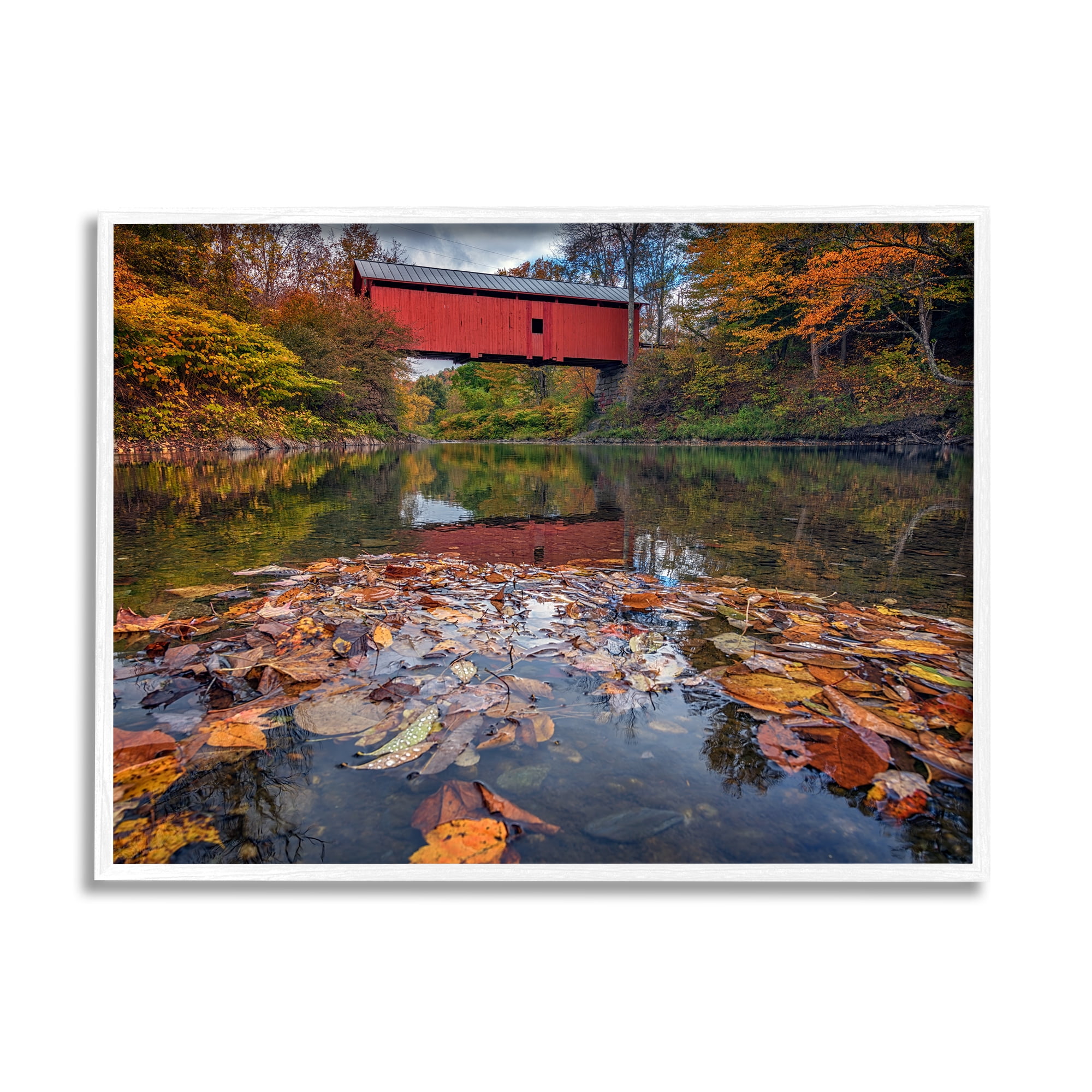 Stupell Autumnal Foliage River Bridge Landscape Photography White Framed Art Print Wall Art