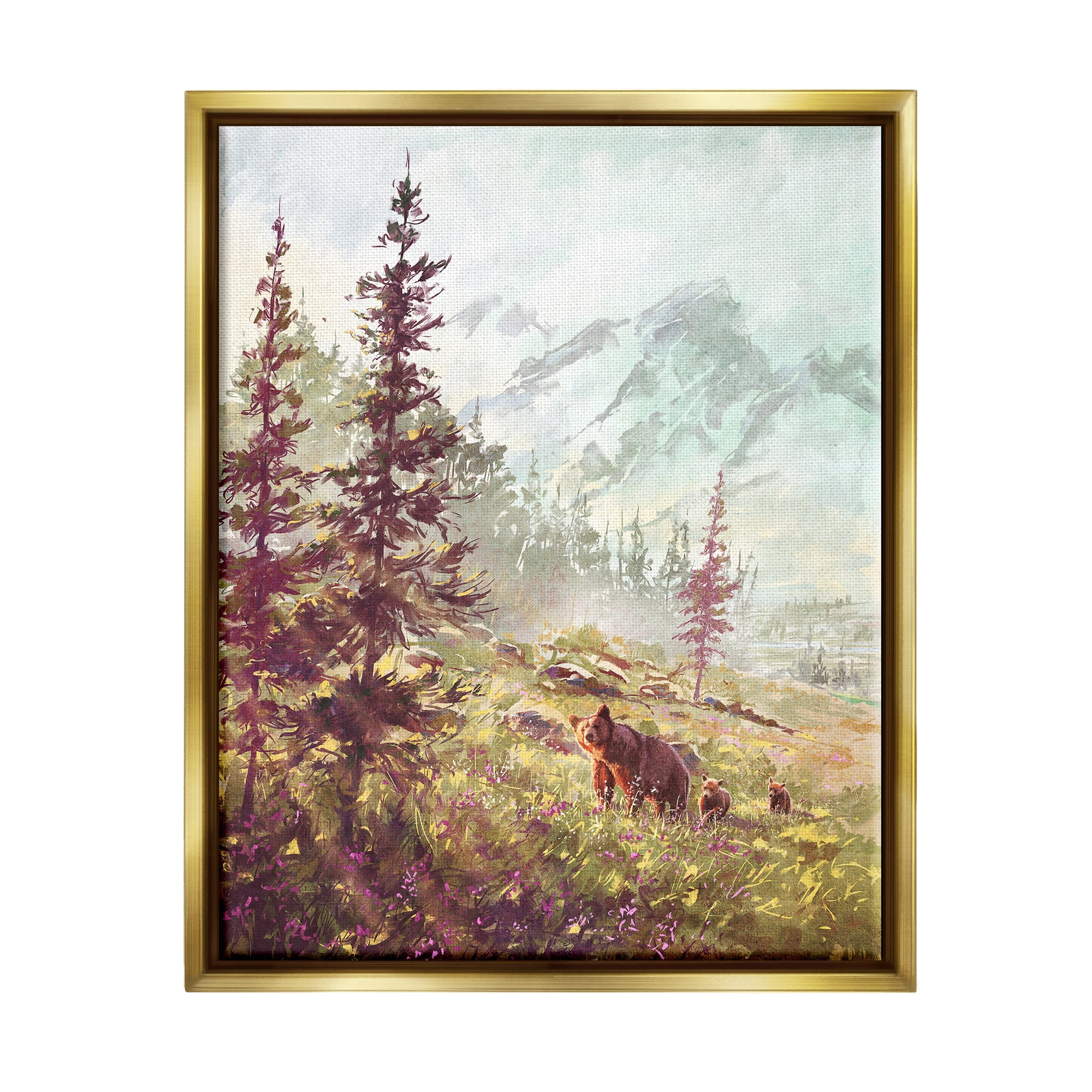 Stupell Baby Bear Family Woodland Mountains Animals & Insects Painting Gold Floater Framed Art Print Wall Art