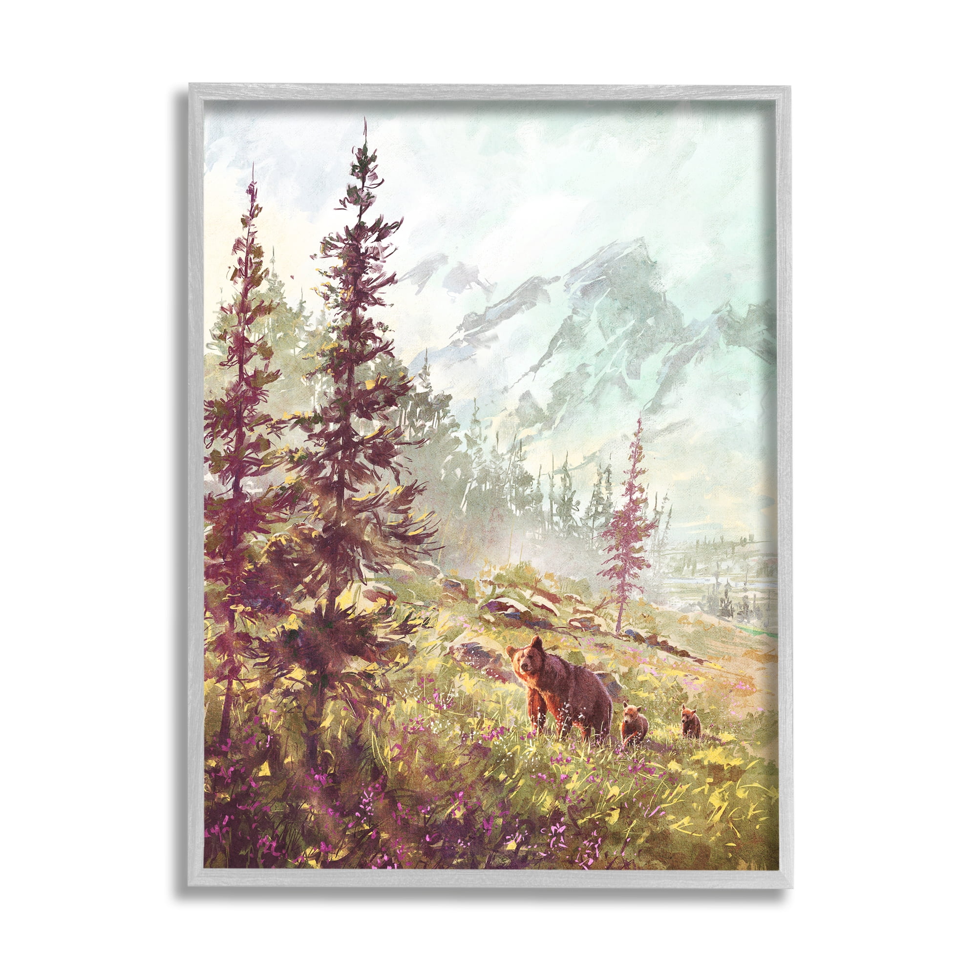 Stupell Baby Bear Family Woodland Mountains Animals & Insects Painting Gray Framed Art Print Wall Art