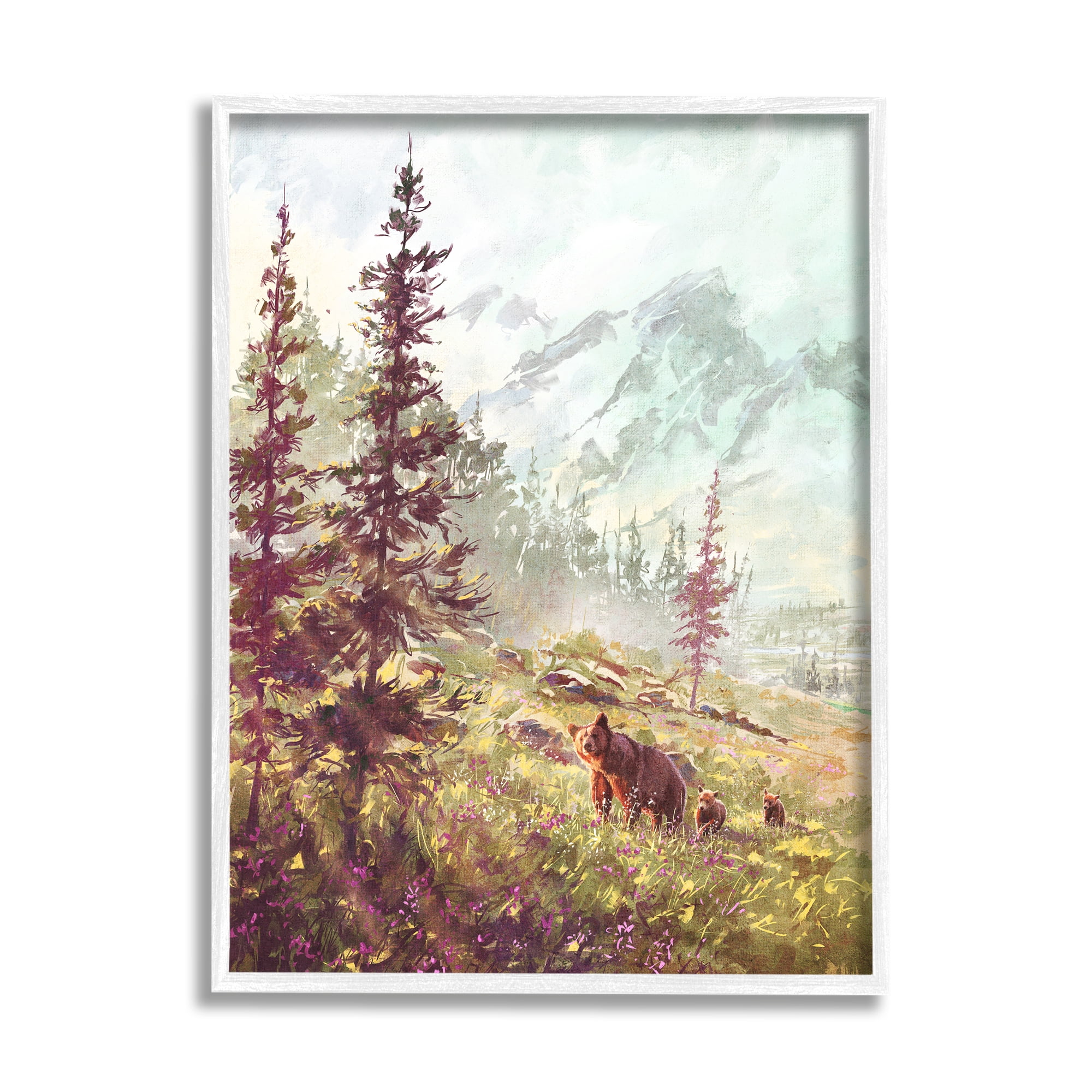 Stupell Baby Bear Family Woodland Mountains Animals & Insects Painting White Framed Art Print Wall Art
