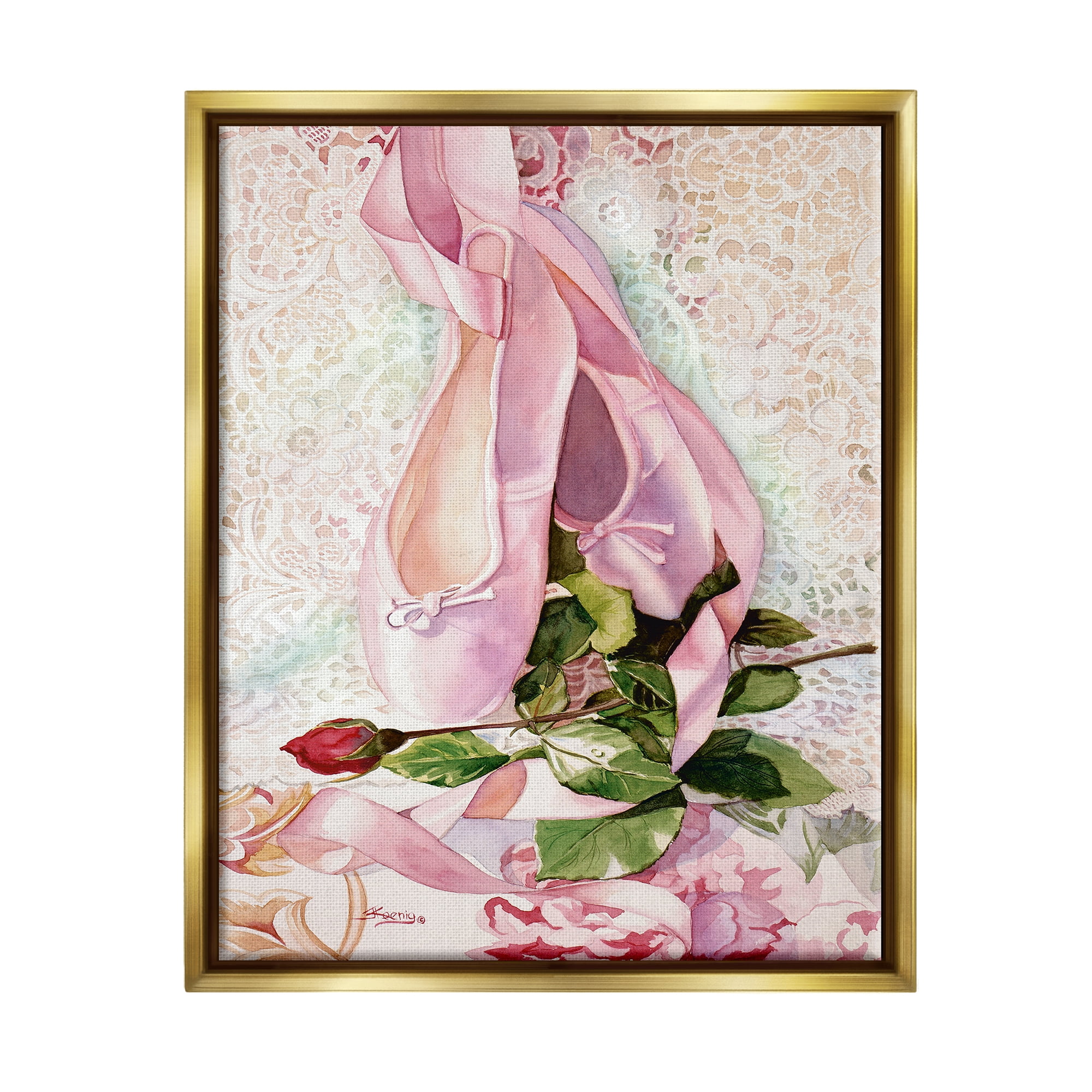 Stupell Ballet Dance Shoes Lace Pattern Sports Painting Gold Floater Framed Art Print Wall Art