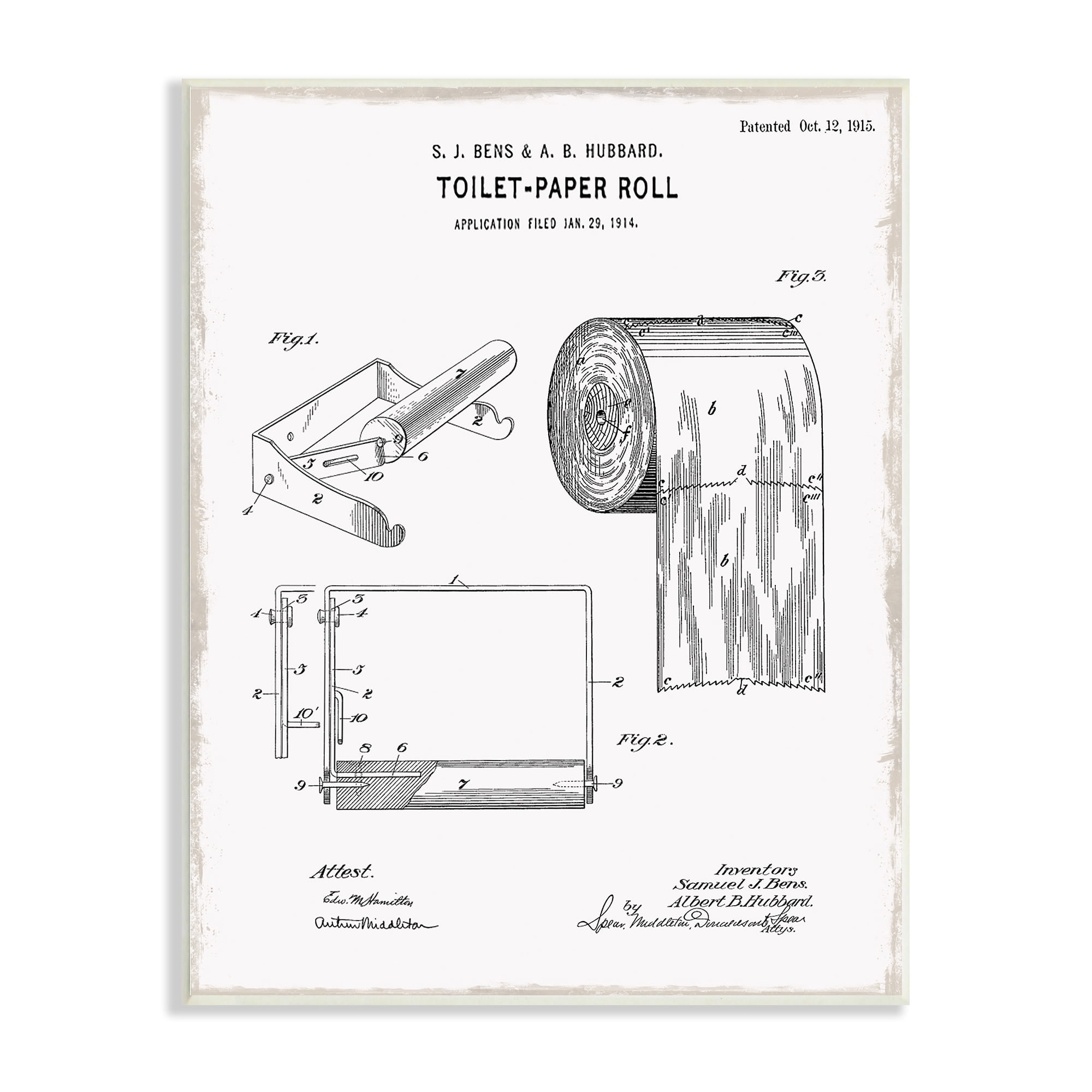 Stupell  Bathroom Toilet Paper Roll Vintage Blueprint Diagram  Wood Wall Art - Black 10 x15