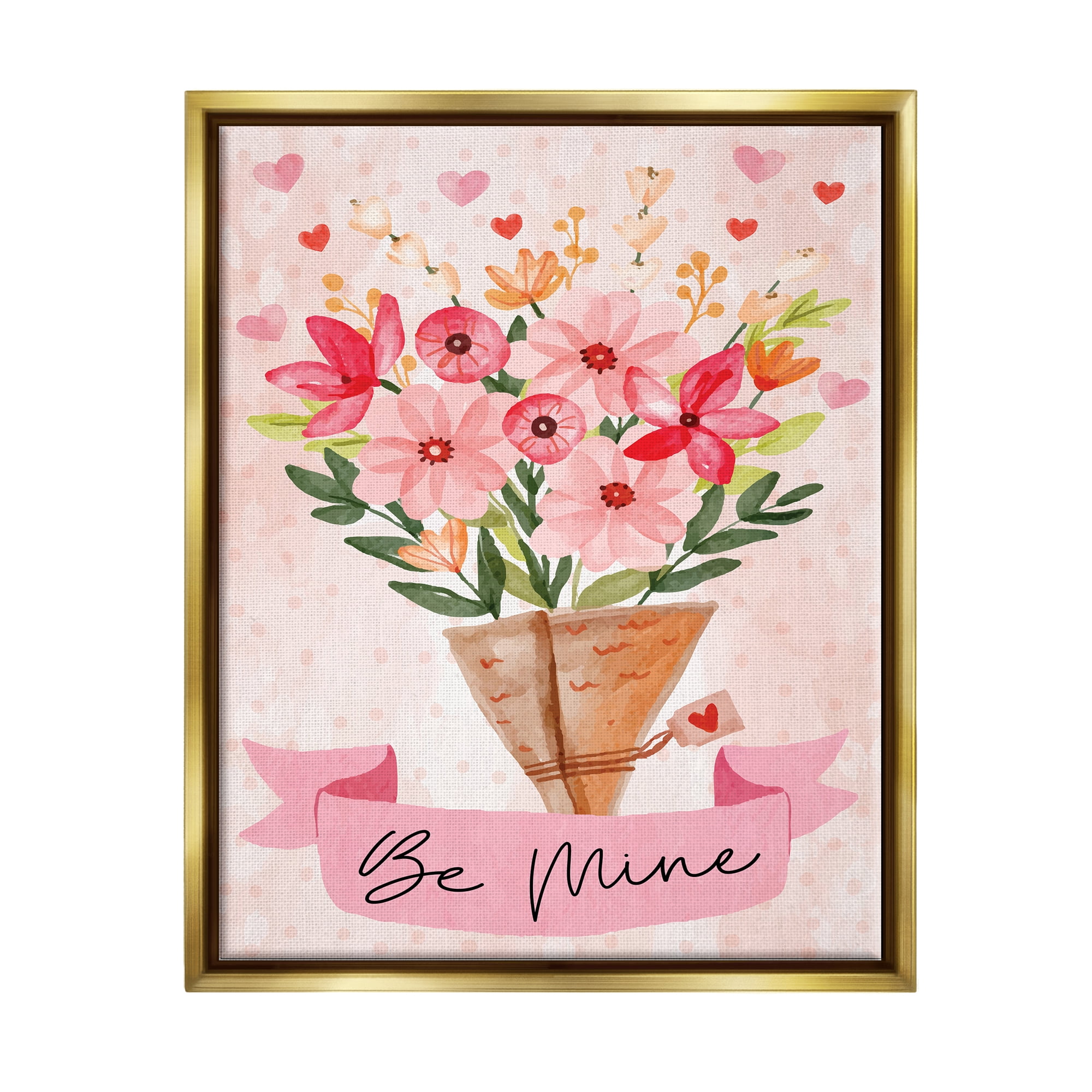 Stupell Be Mine Romantic Valentine's Bouquet Holiday Painting Gold Floater Framed Art Print Wall Art