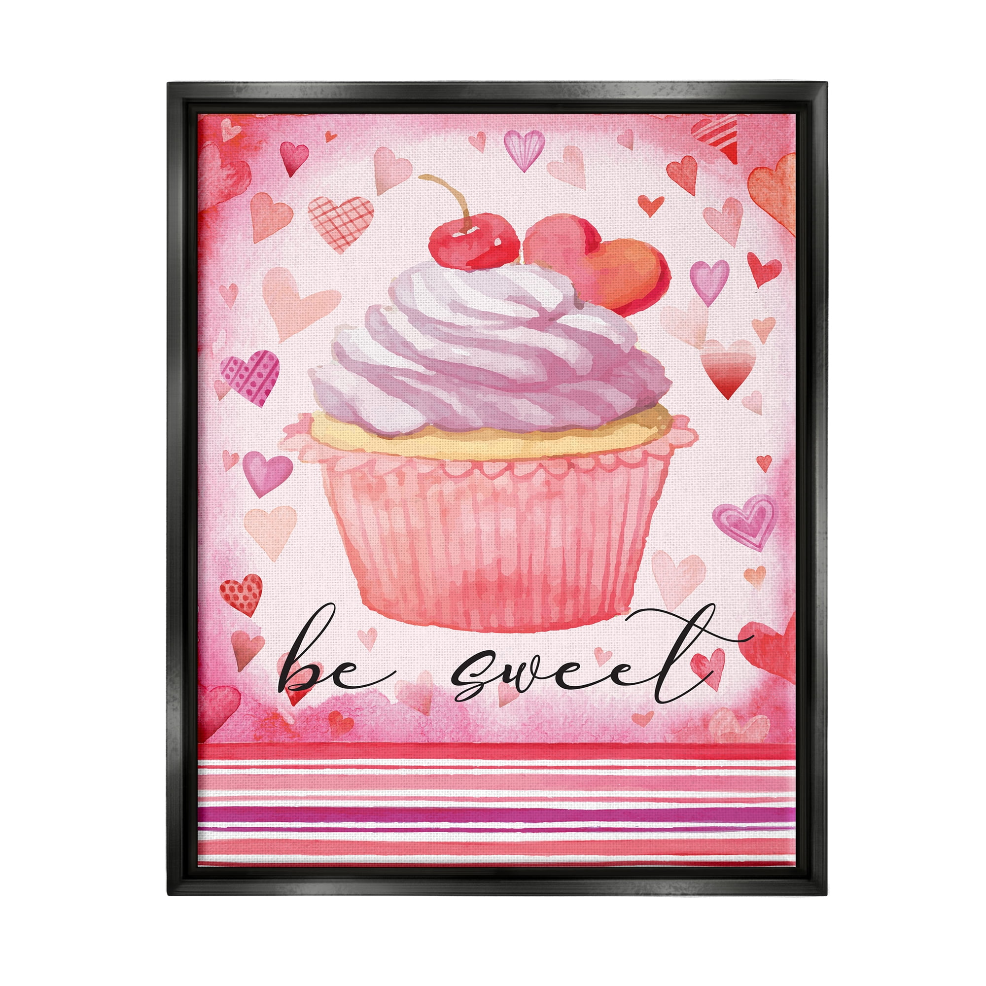 Stupell Be Sweet Romantic Hearts Cupcake Holiday Painting Black Floater Framed Art Print Wall Art