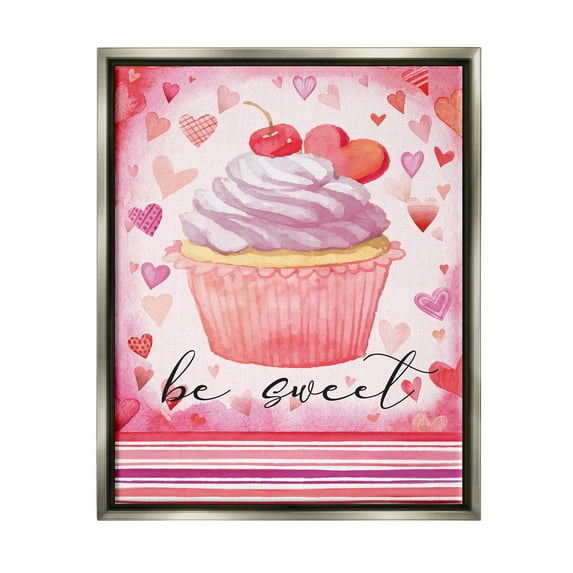 Stupell Be Sweet Romantic Hearts Cupcake Holiday Painting Gray Floater Framed Art Print Wall Art