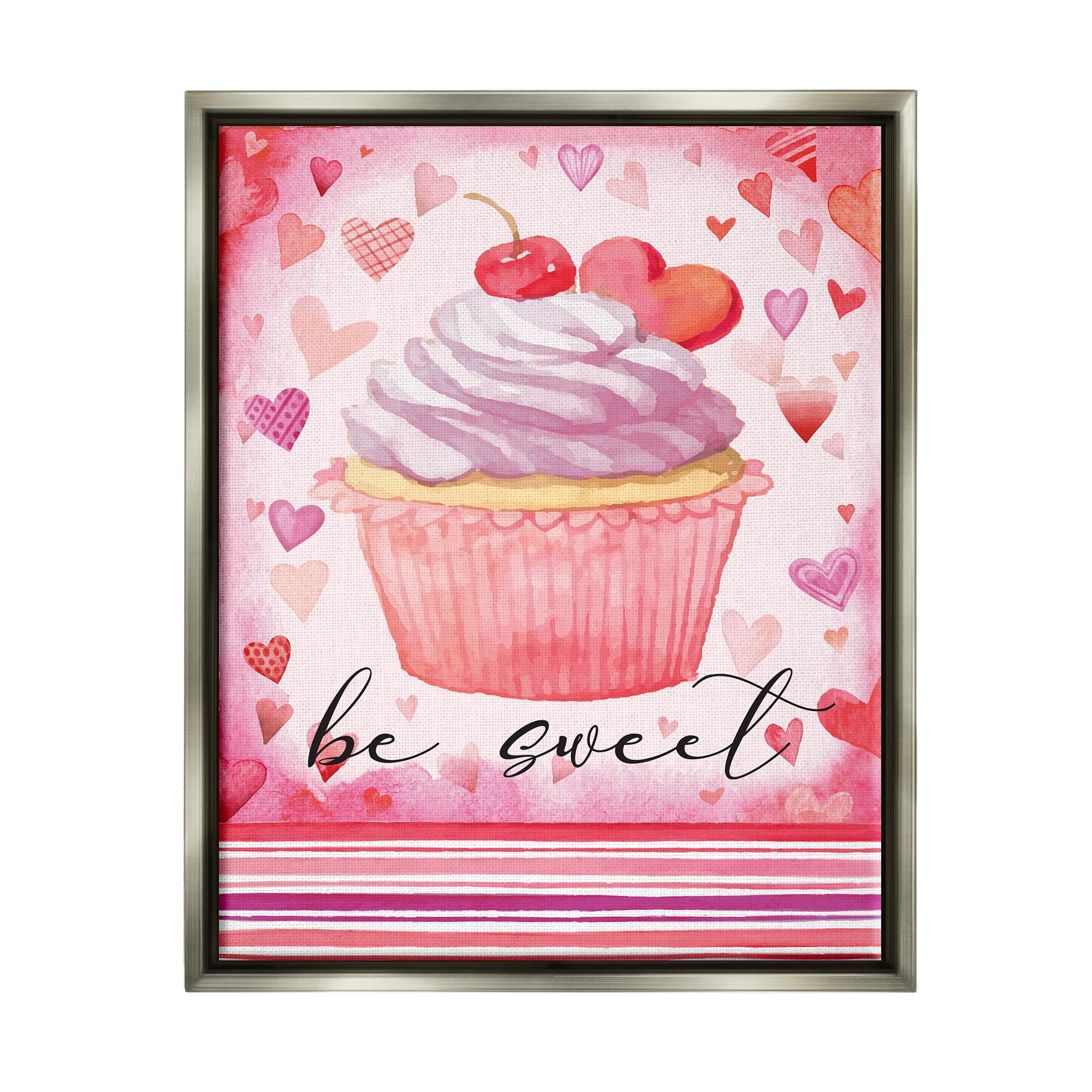 Stupell Be Sweet Romantic Hearts Cupcake Holiday Painting Gray Floater Framed Art Print Wall Art