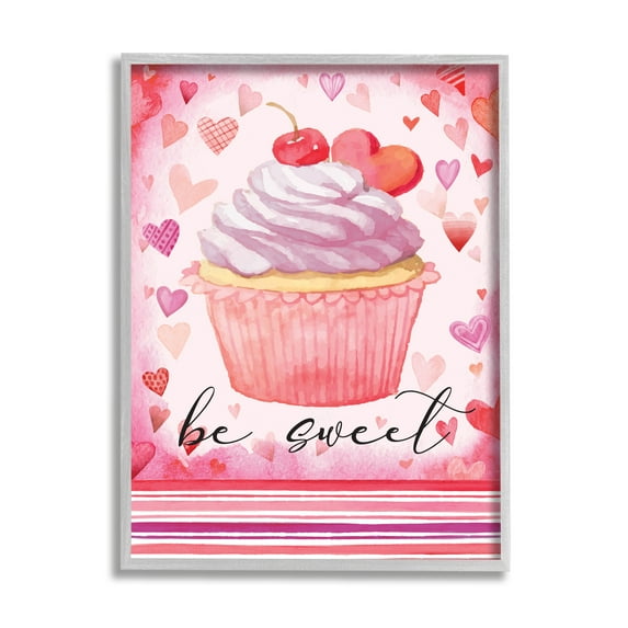 Stupell Be Sweet Romantic Hearts Cupcake Holiday Painting Gray Framed Art Print Wall Art