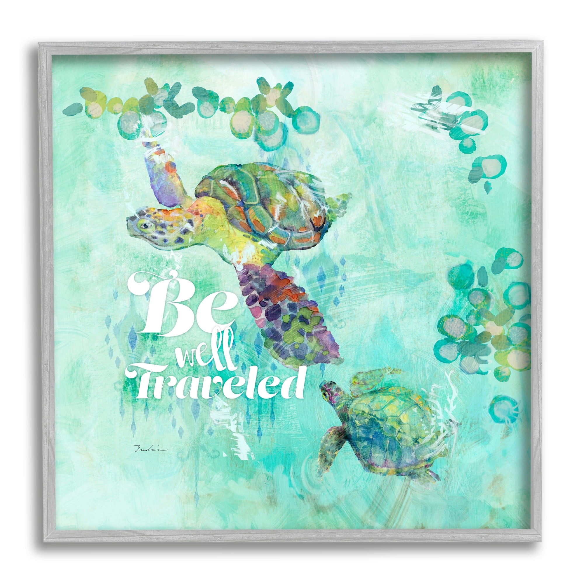 Stupell Be Well Traveled Sea Turtle Swimming Landscape Painting Gray Framed Art Print Wall Art