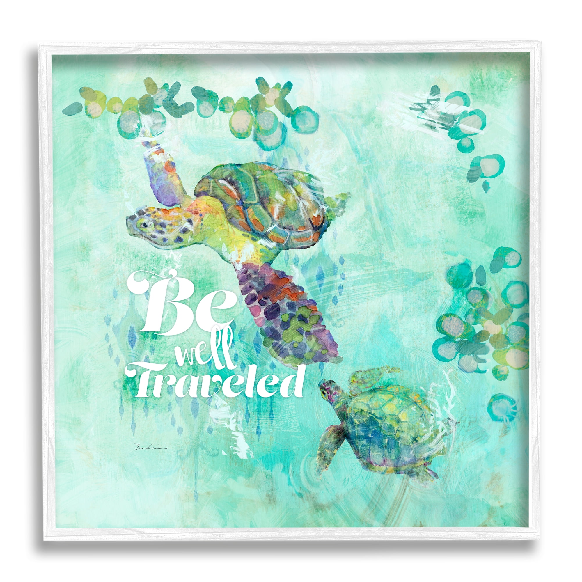 Stupell Be Well Traveled Sea Turtle Swimming Landscape Painting White Framed Art Print Wall Art