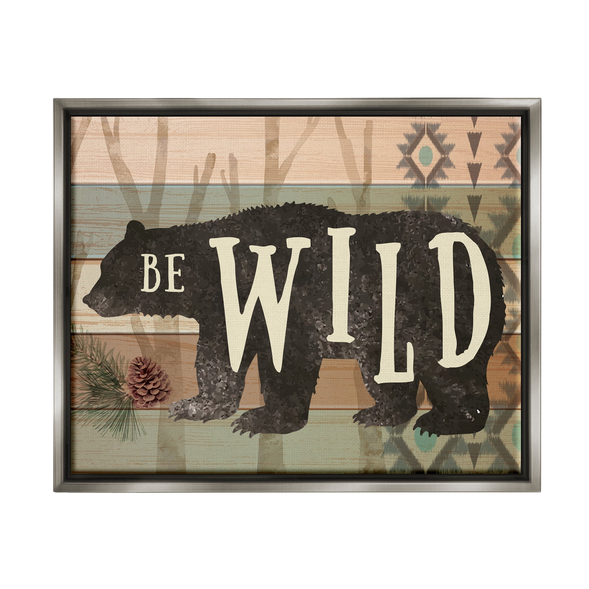 Stupell Be Wild Aztec Pattern Bear Silhouette Animals & Insects Painting Gray Floater Framed Art Print Wall Art