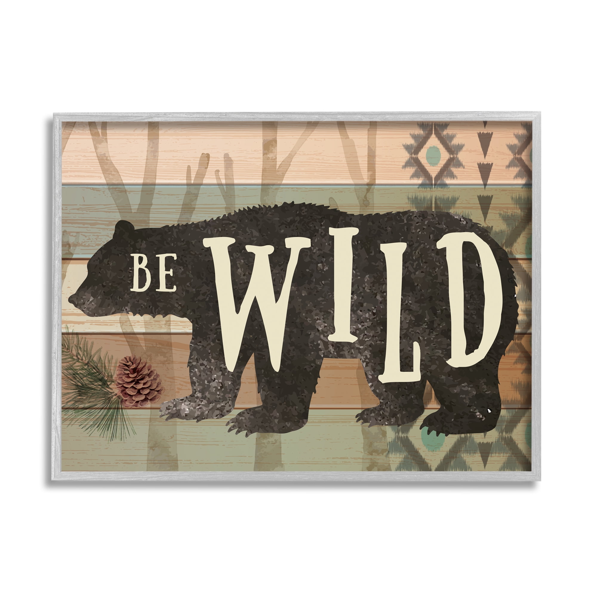 Stupell Be Wild Aztec Pattern Bear Silhouette Animals & Insects Painting Gray Framed Art Print Wall Art
