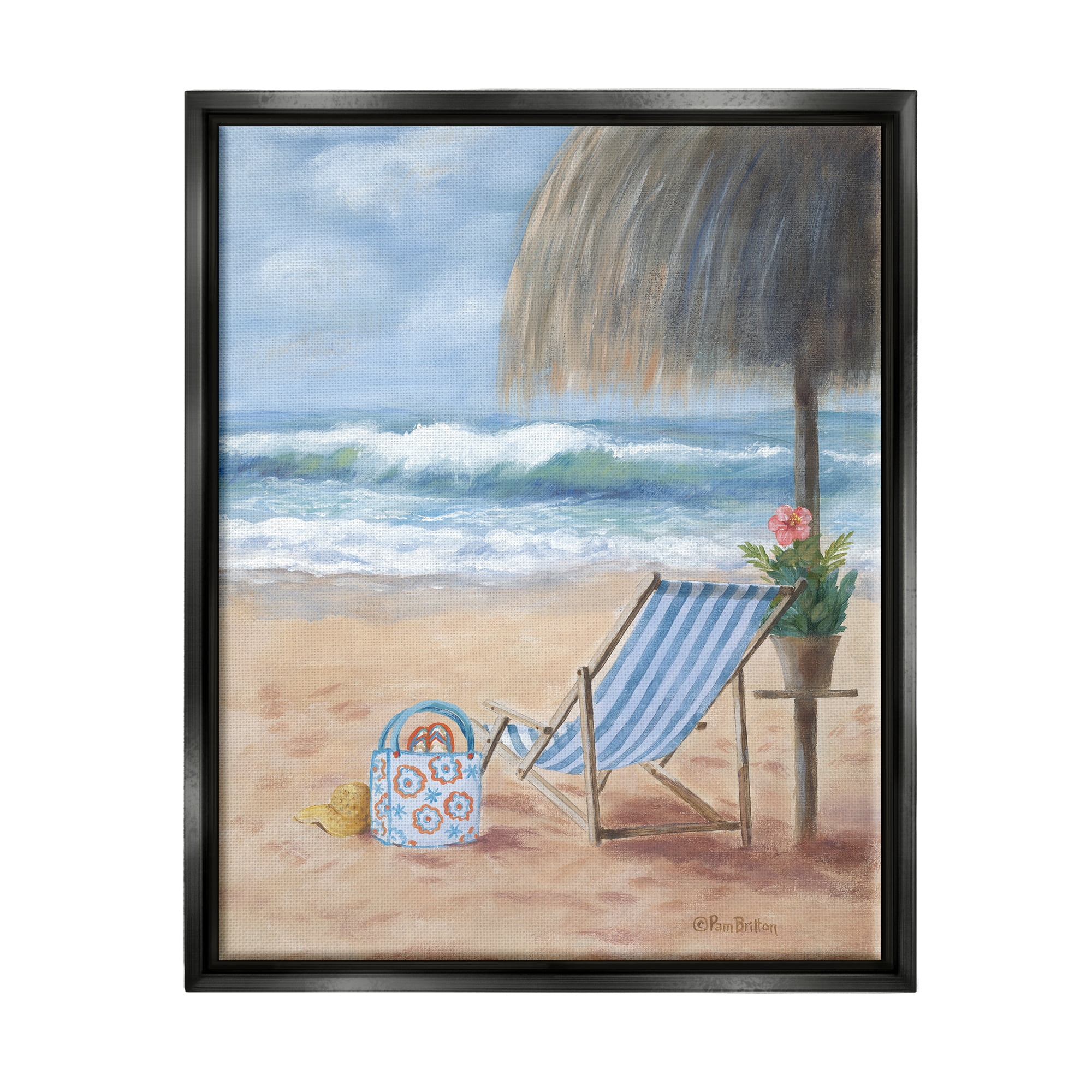 Stupell Beach Chair Tropical Relaxing Vacation Landscape Painting Black Floater Framed Art Print Wall Art