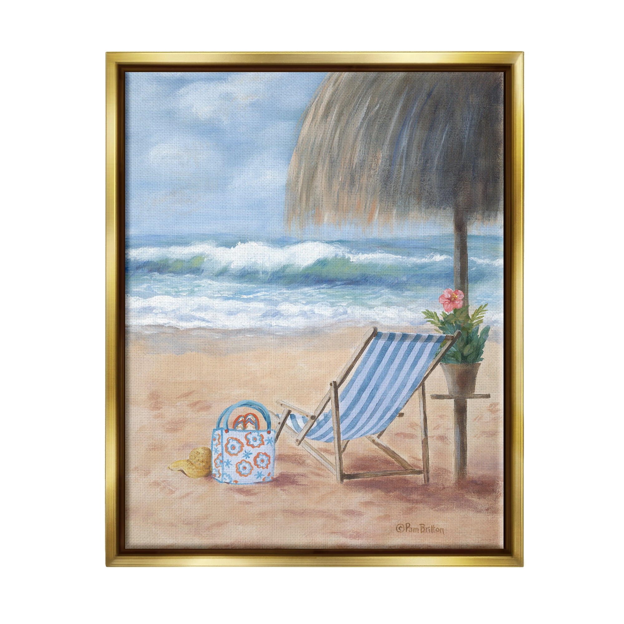 Stupell Beach Chair Tropical Relaxing Vacation Landscape Painting Gold Floater Framed Art Print Wall Art