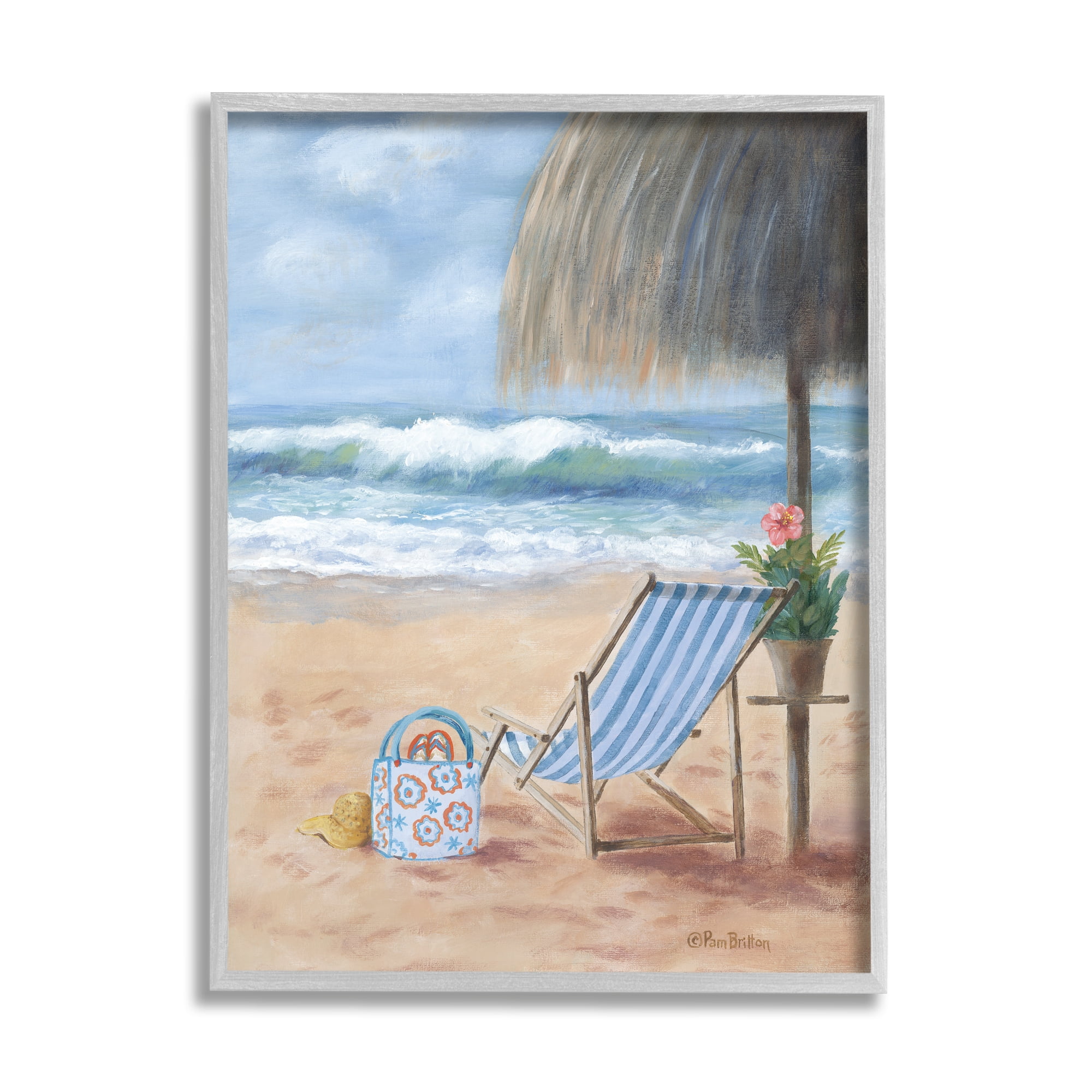 Stupell Beach Chair Tropical Relaxing Vacation Landscape Painting Gray Framed Art Print Wall Art