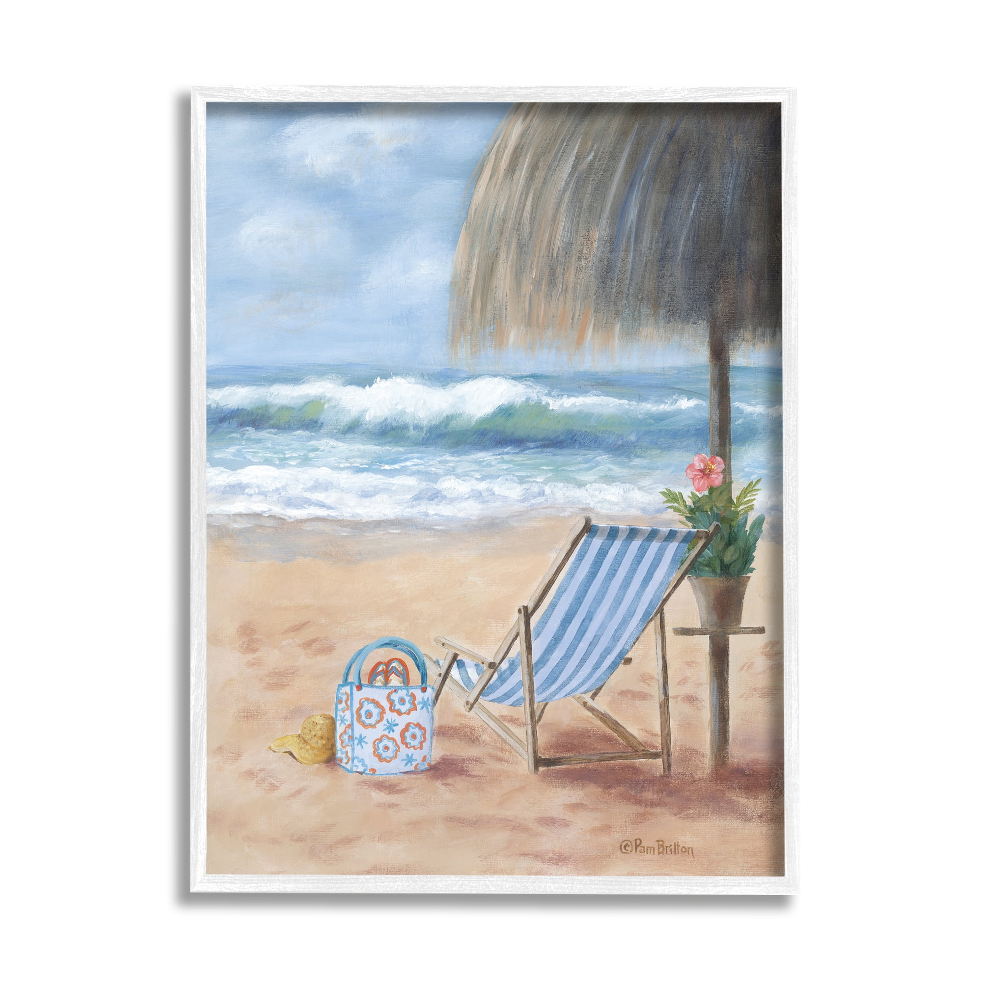 Stupell Beach Chair Tropical Relaxing Vacation Landscape Painting White Framed Art Print Wall Art