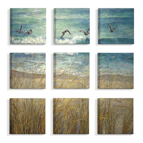 Stupell Beach Dunes/Gulls Blue and Green Ocean Painting, 9pc Multi Piece Canvas Wall Art Set, 12 x 12 - Multi-color - 12 x 12