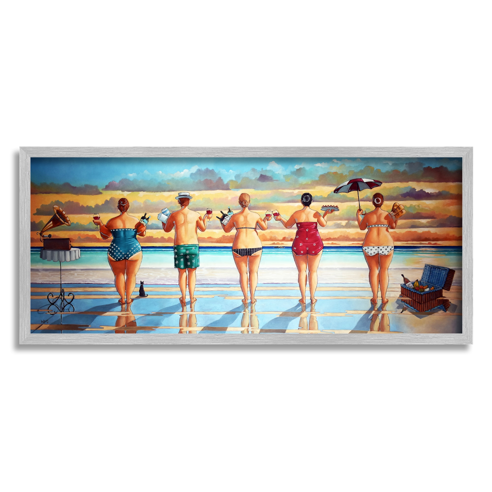 Stupell Beach Friends Coastal Summer Fun Landscape Painting Gray Framed Art Print Wall Art