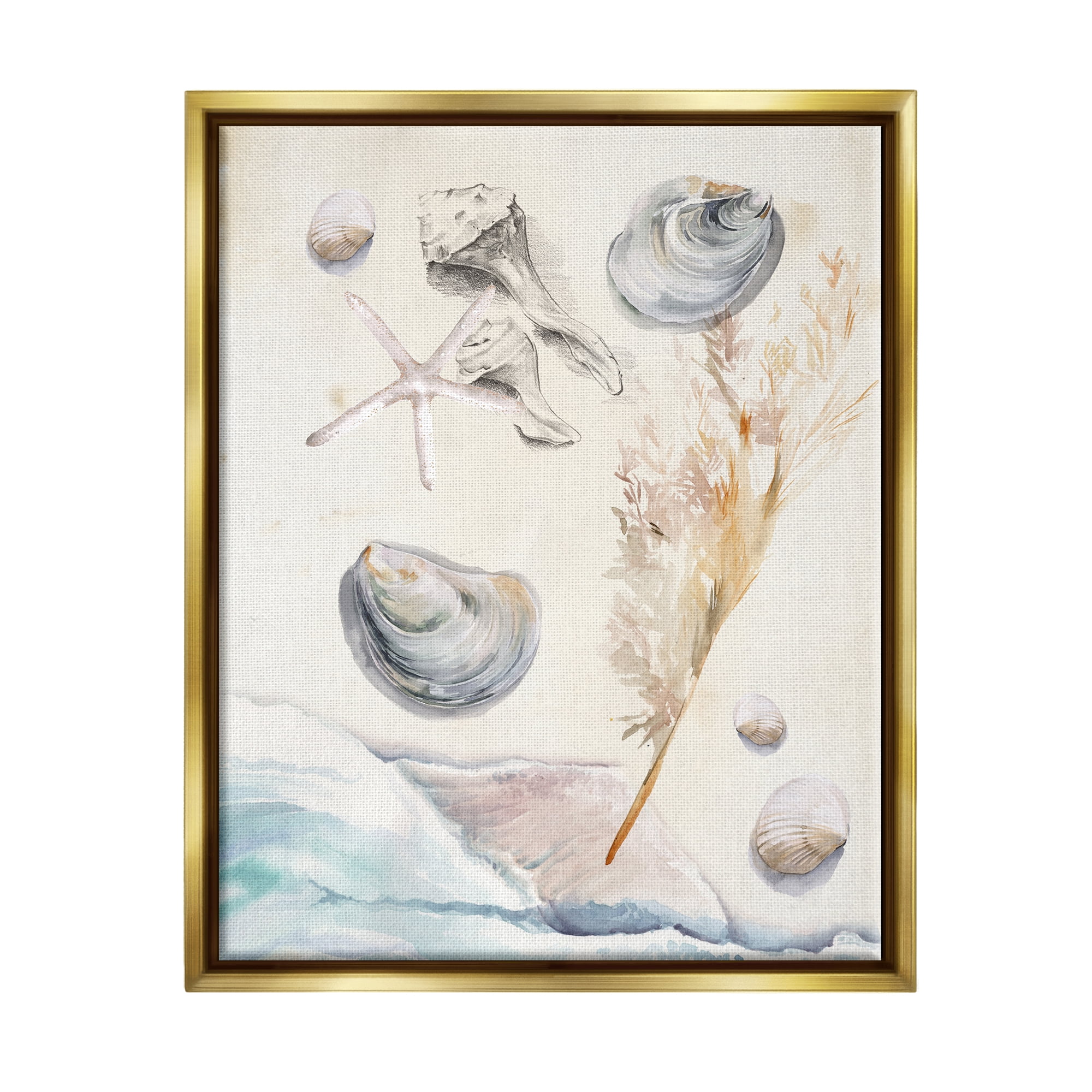 Stupell Beach Shore Splashing Sea Shells Landscape Painting Gold Floater Framed Art Print Wall Art