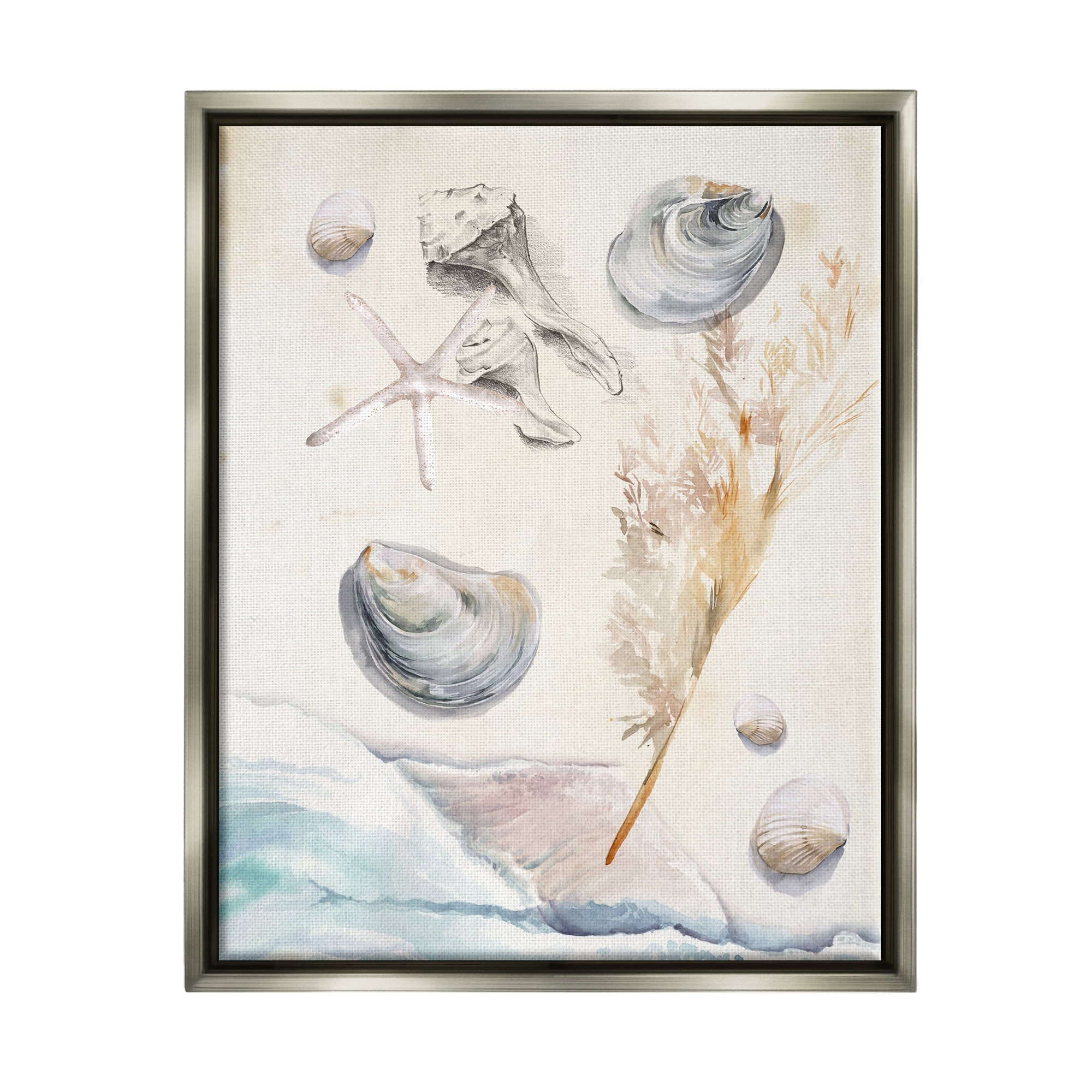 Stupell Beach Shore Splashing Sea Shells Landscape Painting Gray Floater Framed Art Print Wall Art