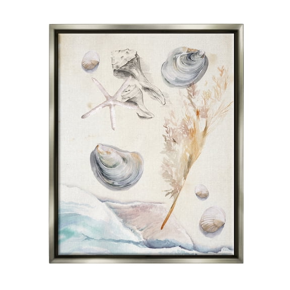 Stupell Beach Shore Splashing Sea Shells Landscape Painting Gray Floater Framed Art Print Wall Art