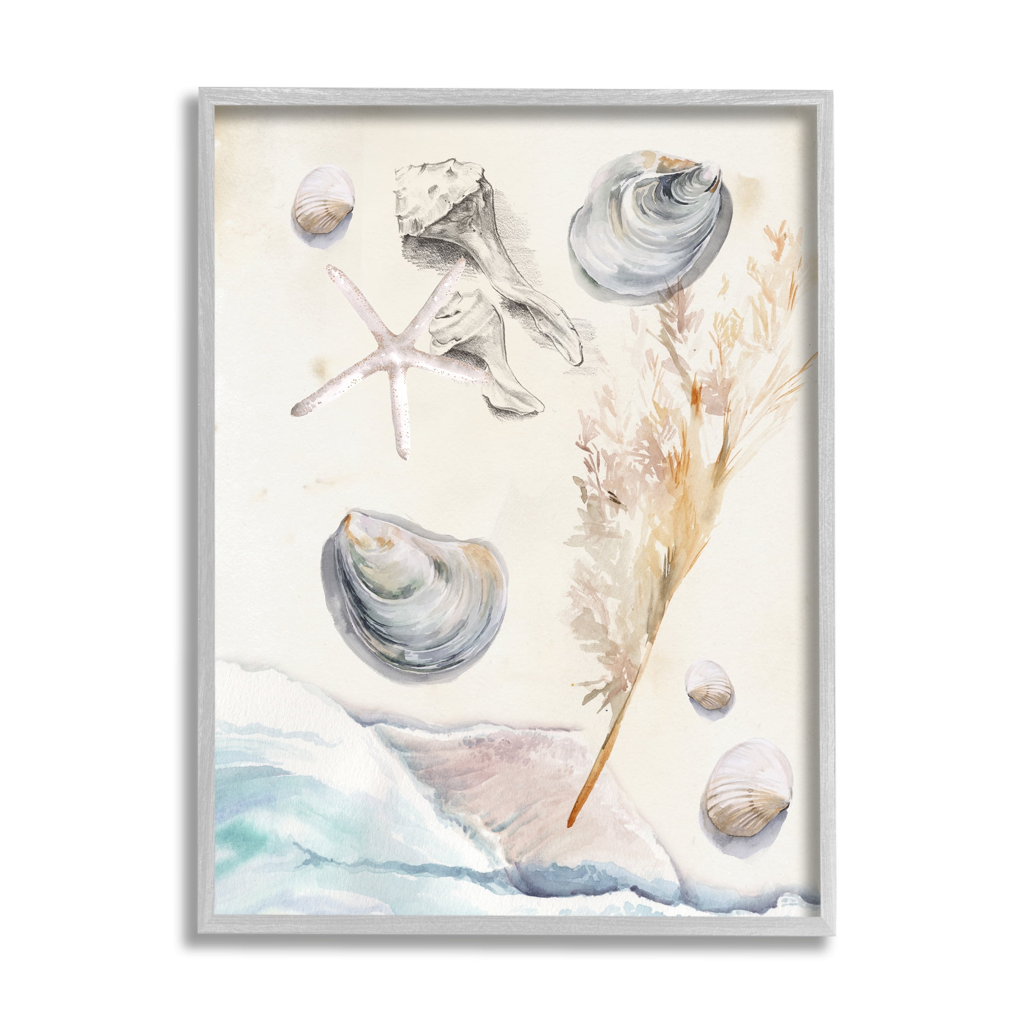Stupell Beach Shore Splashing Sea Shells Landscape Painting Gray Framed Art Print Wall Art