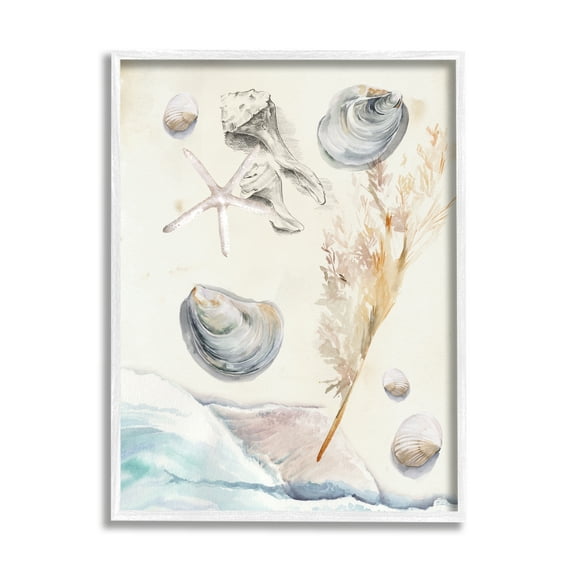 Stupell Beach Shore Splashing Sea Shells Landscape Painting White Framed Art Print Wall Art