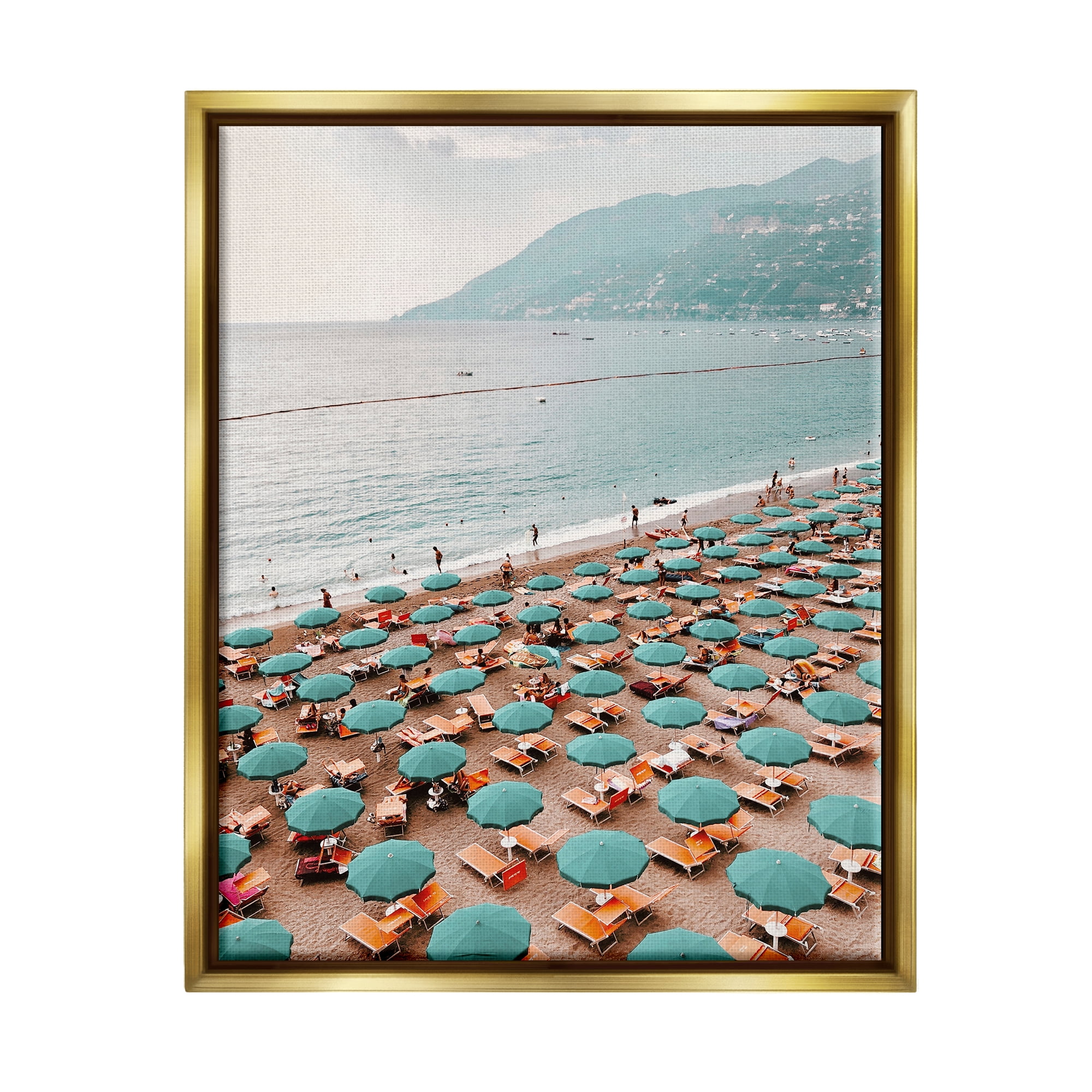 Stupell Beach Umbrellas Coastal Vacation Landscape Photography Gold Floater Framed Art Print Wall Art
