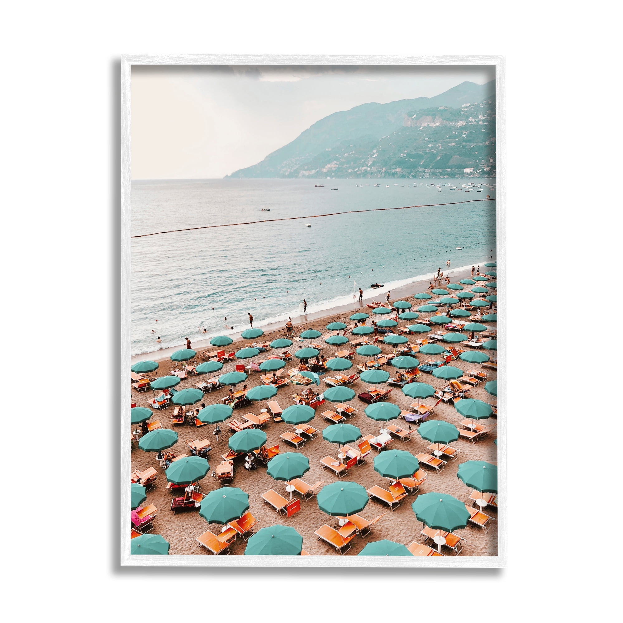 Coastal Landscape Framed Canvas Print with Green Umbrellas, 11 x 14