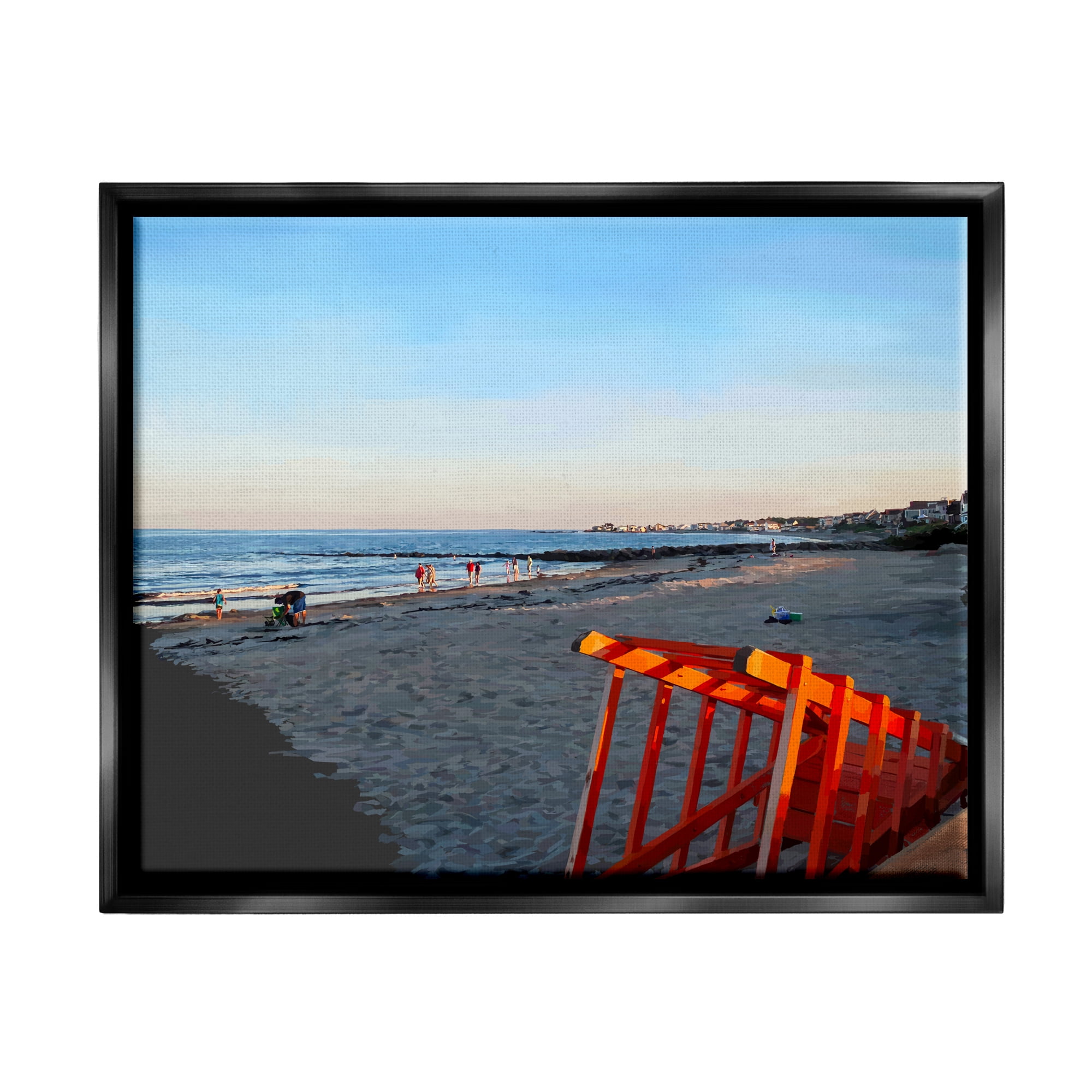 Stupell Beach Walkway People Lounging Landscape Painting Black Floater Framed Art Print Wall Art