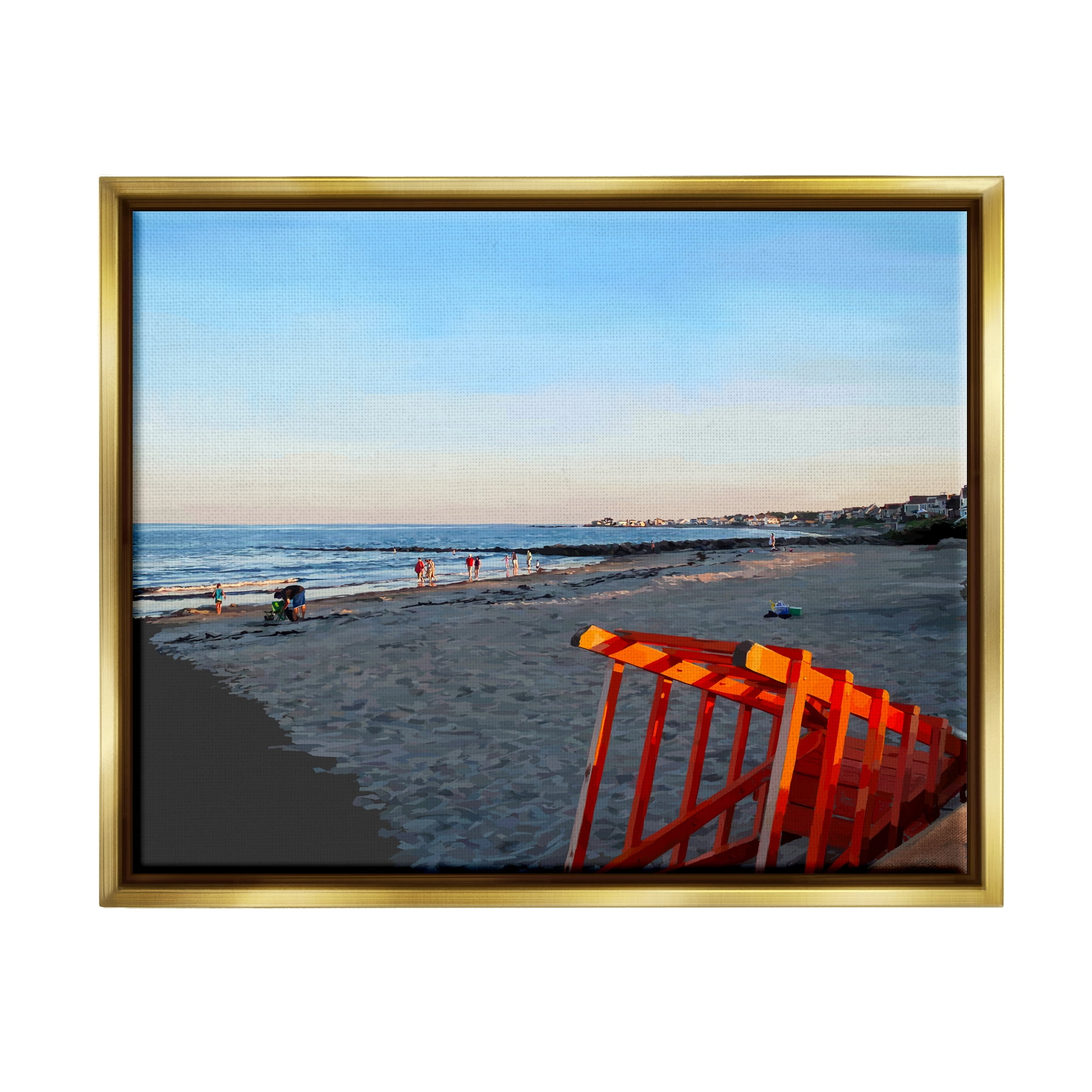 Stupell Beach Walkway People Lounging Landscape Painting Gold Floater Framed Art Print Wall Art