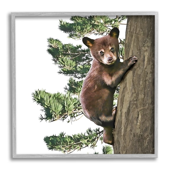 Stupell Bear Cub Climbing Tree Nature Animals & Insects Painting Gray Framed Art Print Wall Art