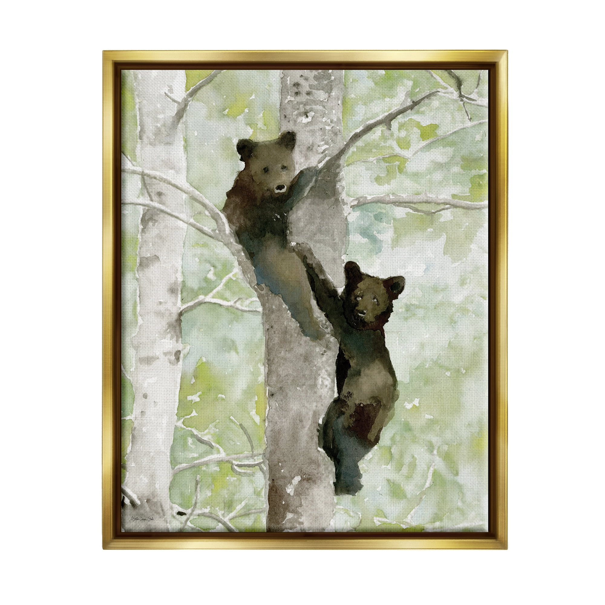 Stupell Bear Cubs Climbing Tree Nature Animals & Insects Painting Gold Floater Framed Art Print Wall Art