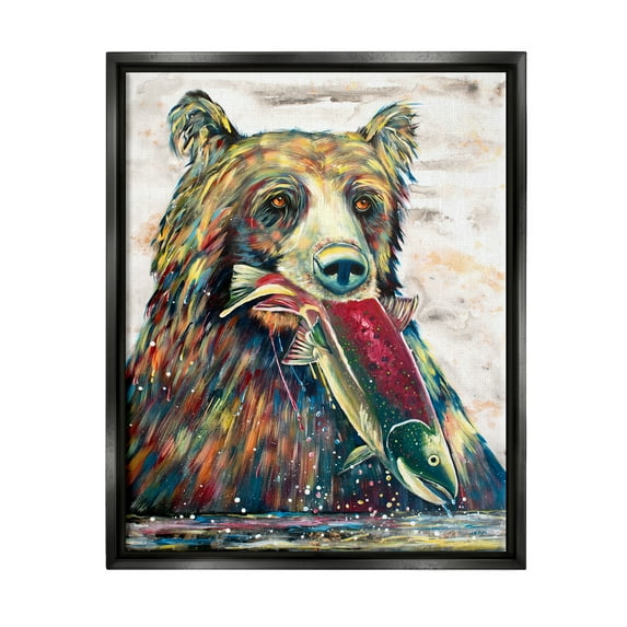 Stupell Bear & Fish Modern Wildlife Splash Animals & Insects Painting Black Floater Framed Art Print Wall Art