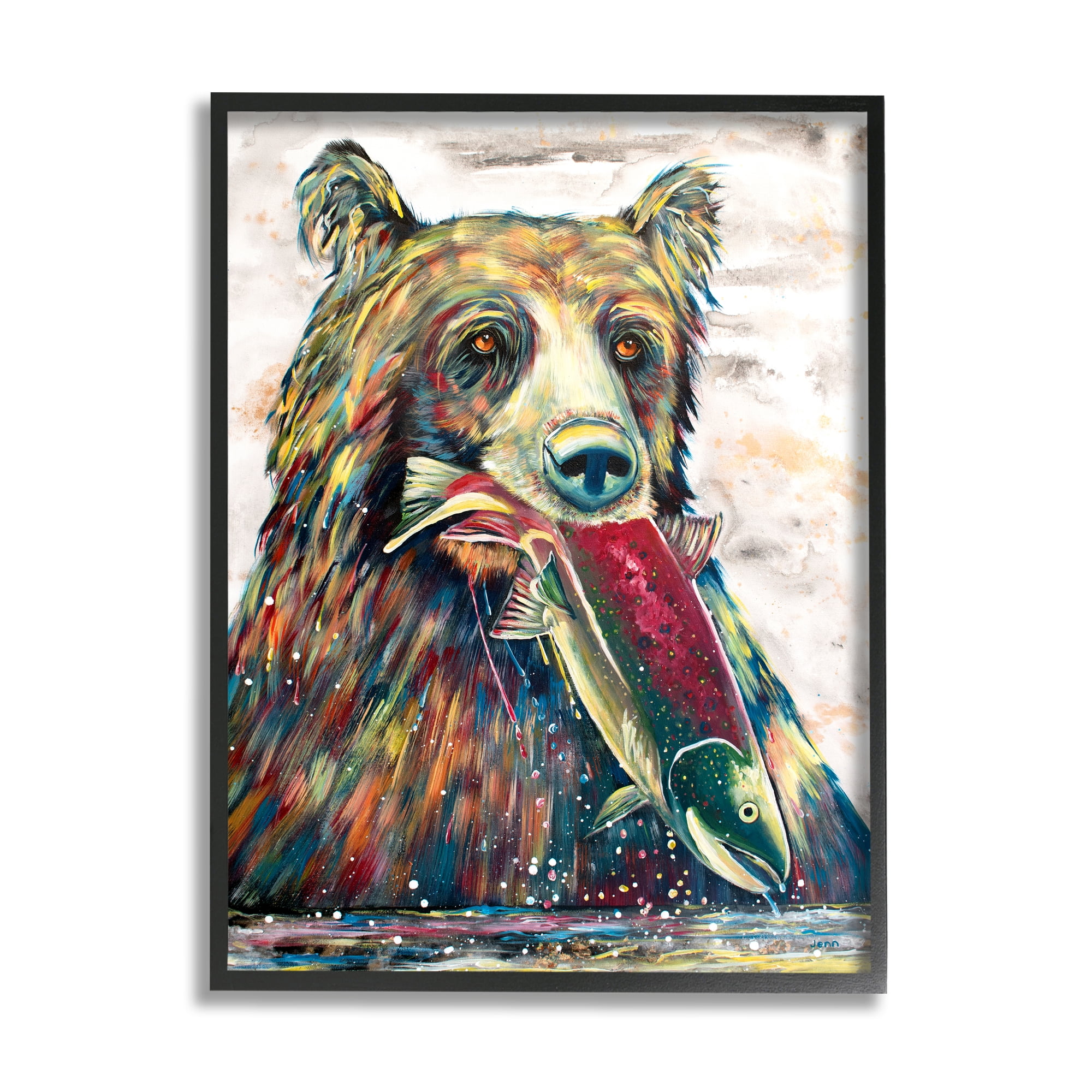Colorful Wildlife Bear and Fish Painting with Black Wood Frame