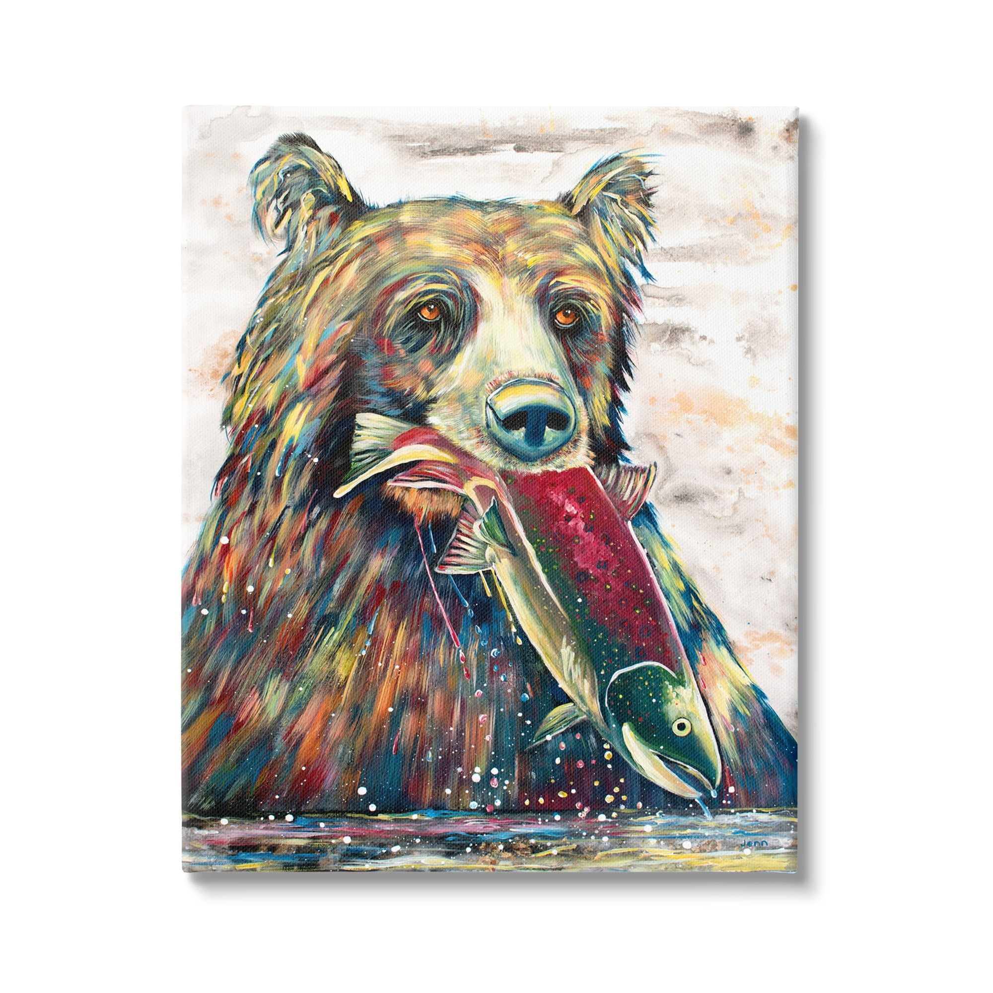 Stupell Bear & Fish Modern Wildlife Splash Animals & Insects Painting Gallery Wrapped Canvas Print Wall Art