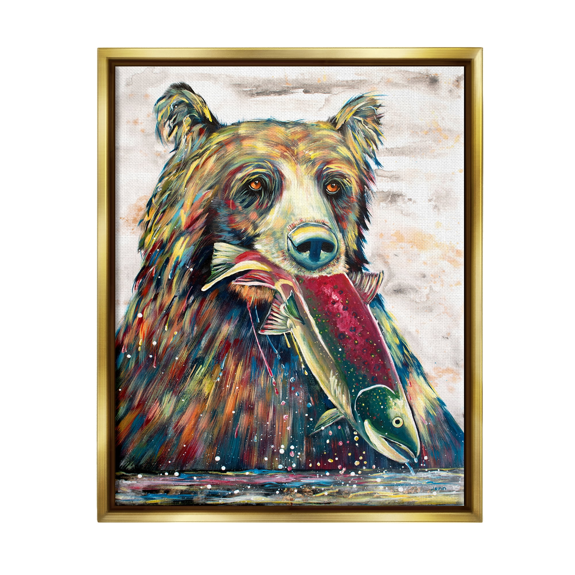 Stupell Bear & Fish Modern Wildlife Splash Animals & Insects Painting Gold Floater Framed Art Print Wall Art