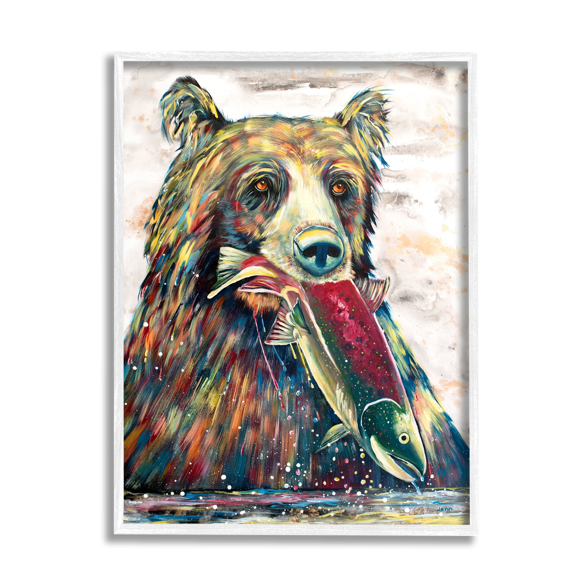 Stupell Bear & Fish Modern Wildlife Splash Animals & Insects Painting White Framed Art Print Wall Art