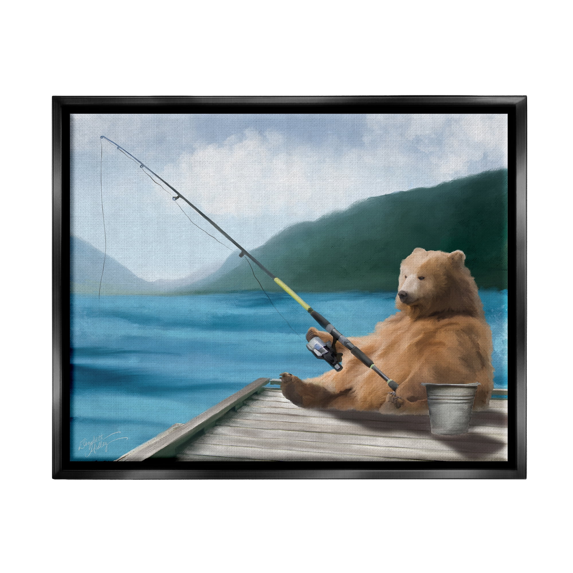Stupell Bear Fishing Pole Lake Dock Animals & Insects Painting Black Floater Framed Art Print Wall Art