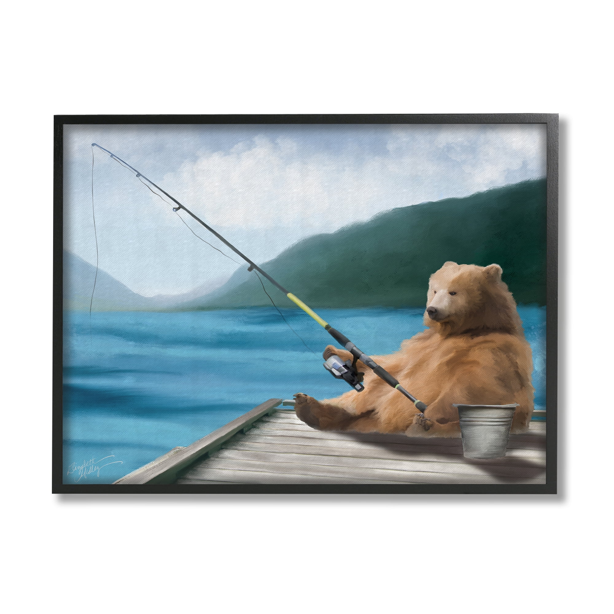 Stupell Bear Fishing Pole Lake Dock Animals & Insects Painting Black Framed Art Print Wall Art