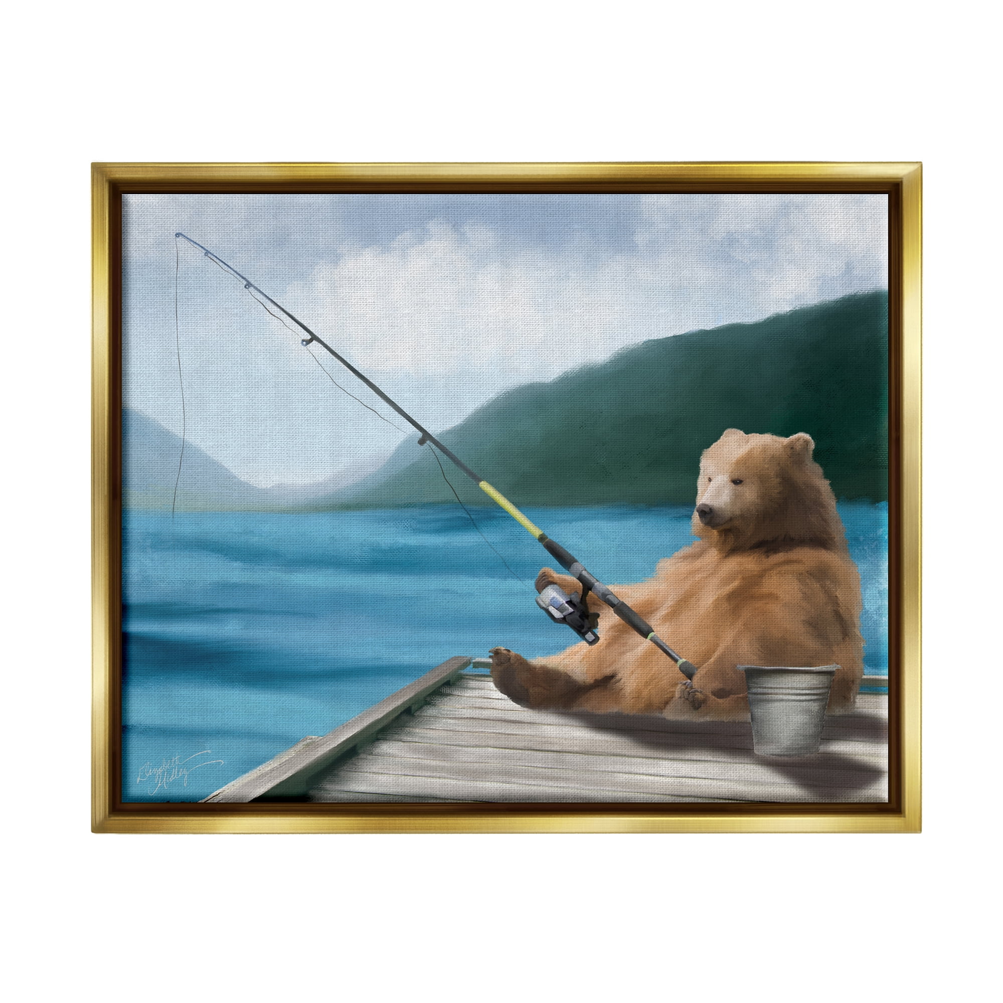 Stupell Bear Fishing Pole Lake Dock Animals & Insects Painting Gold Floater Framed Art Print Wall Art