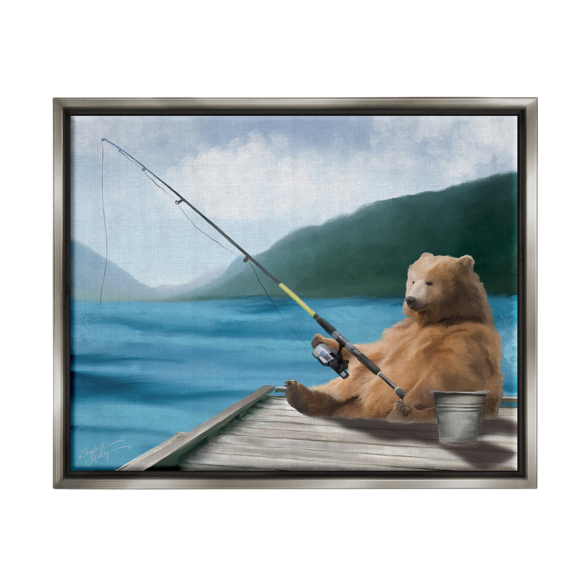ceramic bear with fishing pole Gone Nursery Poster floating framed Bear sitting on chair fishing