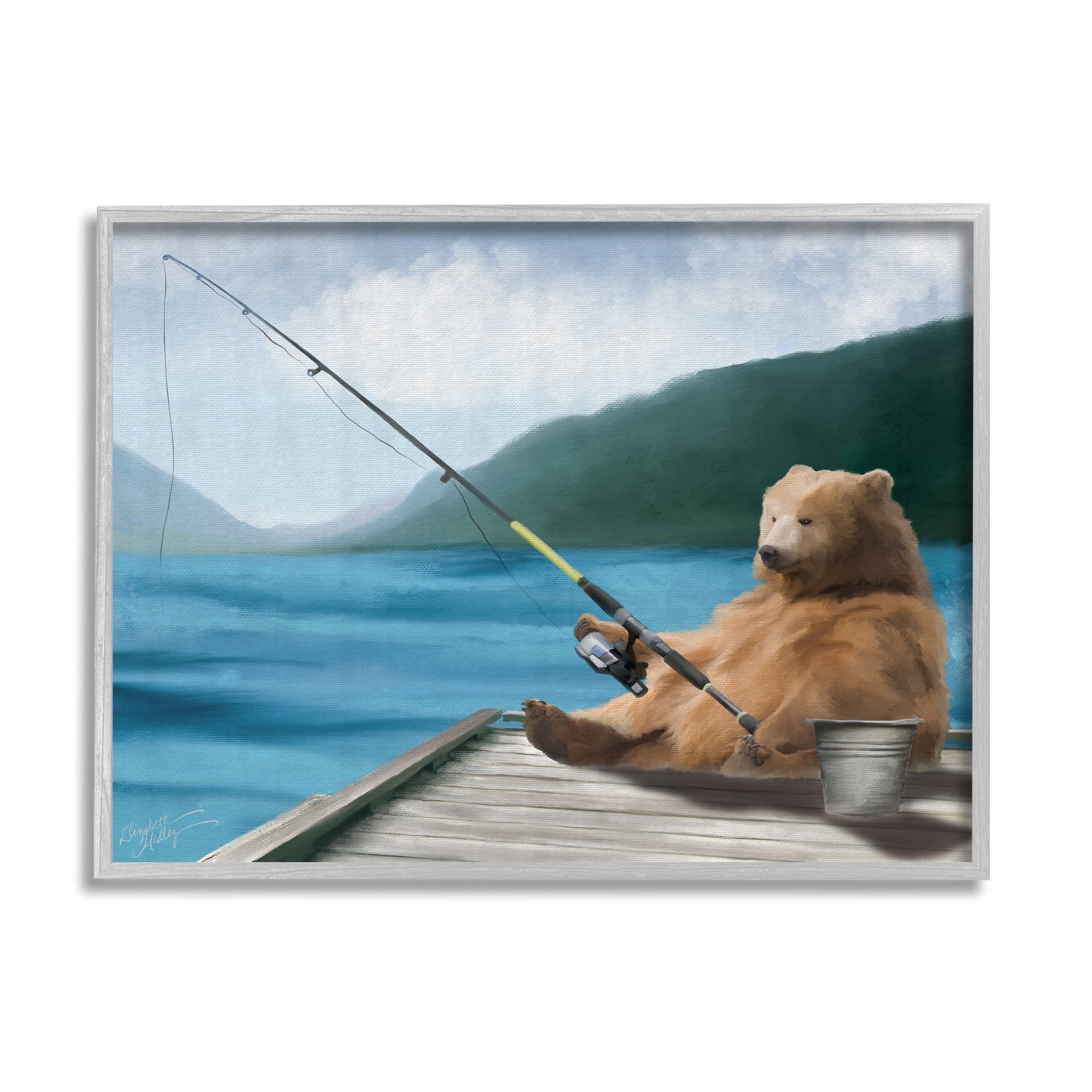 Stupell Bear Fishing Pole Lake Dock Animals & Insects Painting Gray Framed Art Print Wall Art