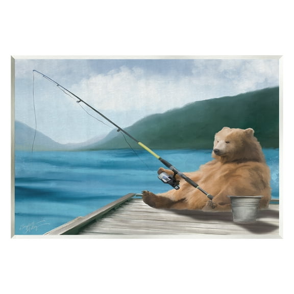 Stupell Bear Fishing Pole Lake Dock Animals & Insects Painting Wall Plaque Unframed Art Print Wall Art