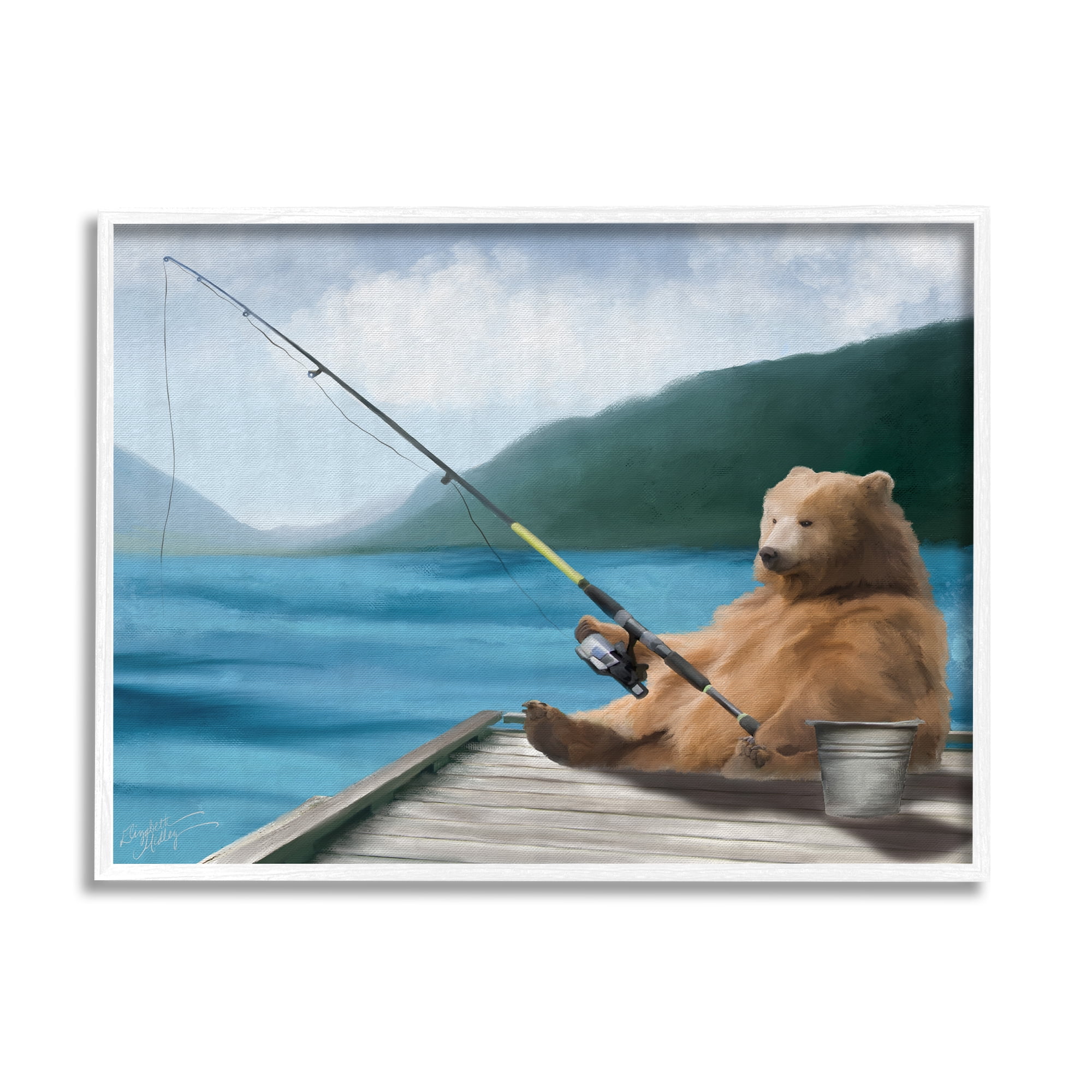 Stupell Bear Fishing Pole Lake Dock Animals & Insects Painting White Framed Art Print Wall Art