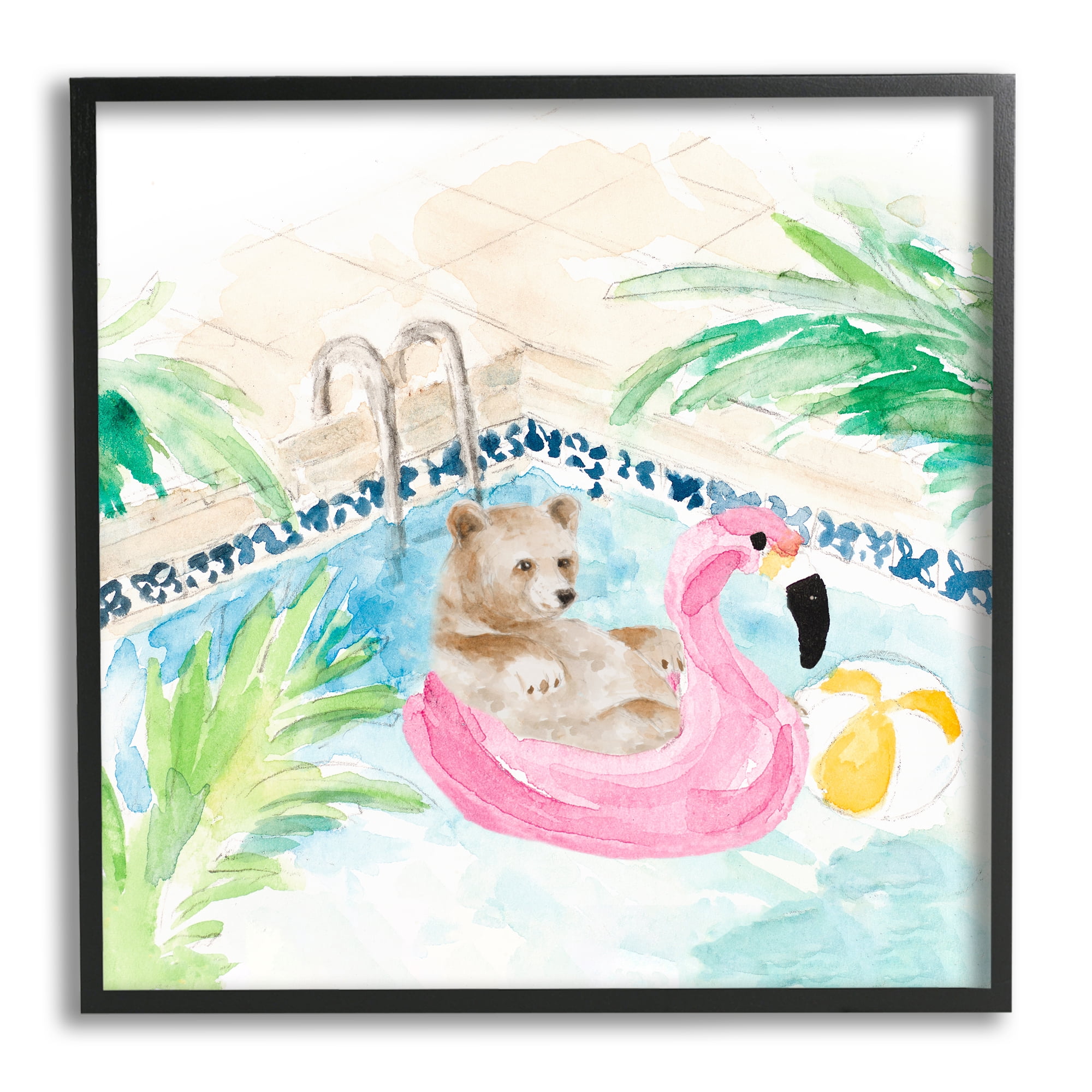 Stupell Bear Floating Summer Pool Lounging Landscape Painting Black Framed Art Print Wall Art