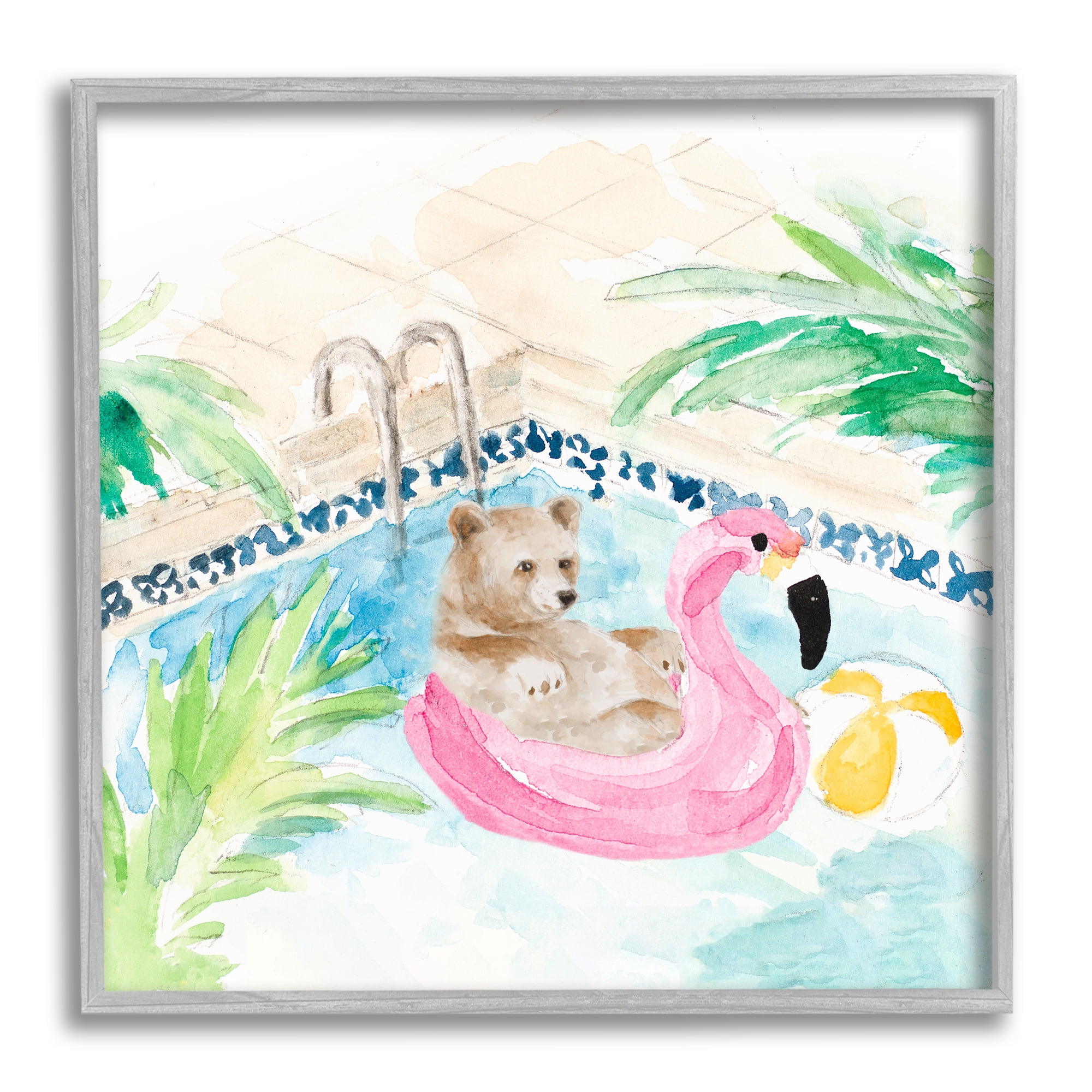 Stupell Bear Floating Summer Pool Lounging Landscape Painting Gray Framed Art Print Wall Art
