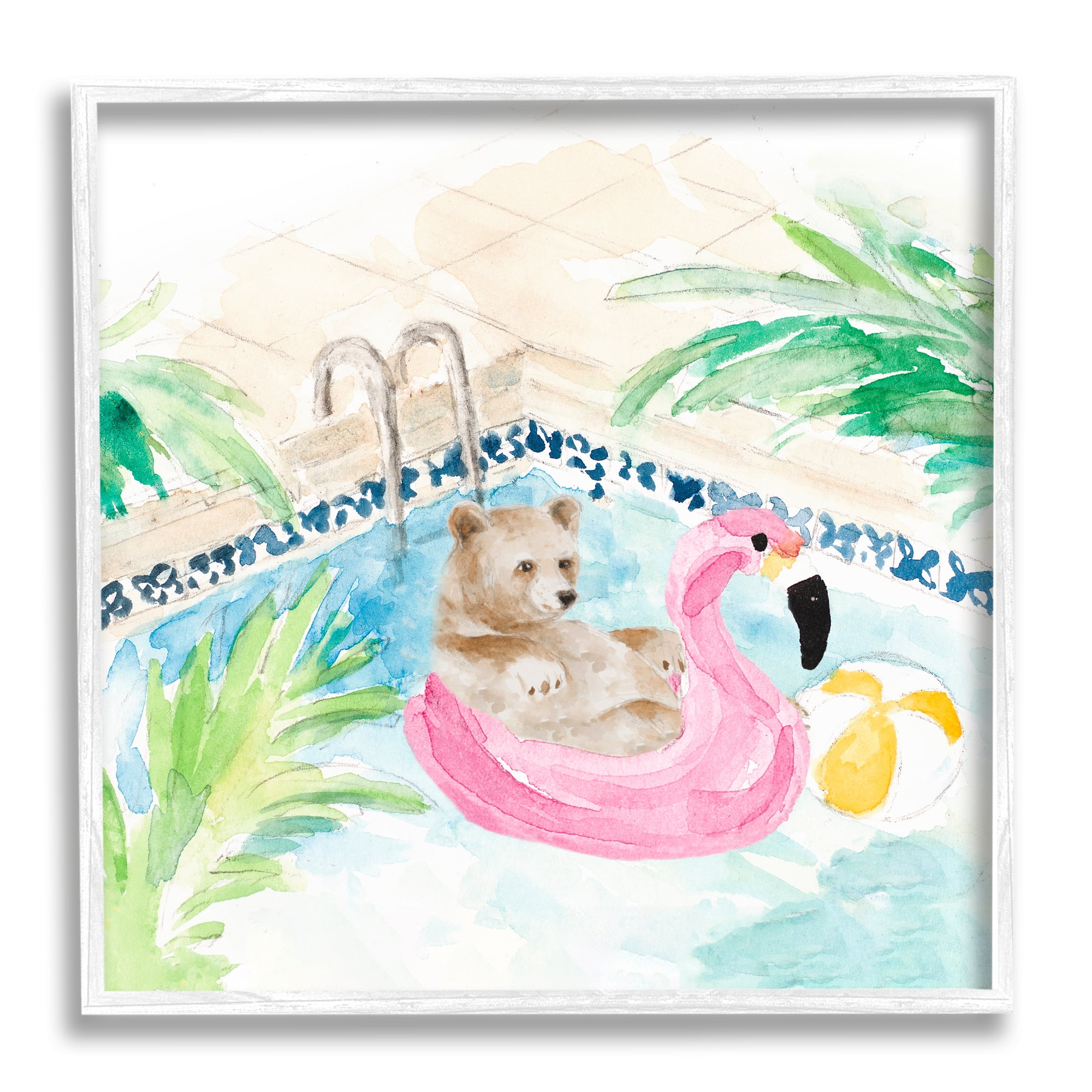 Stupell Bear Floating Summer Pool Lounging Landscape Painting White Framed Art Print Wall Art